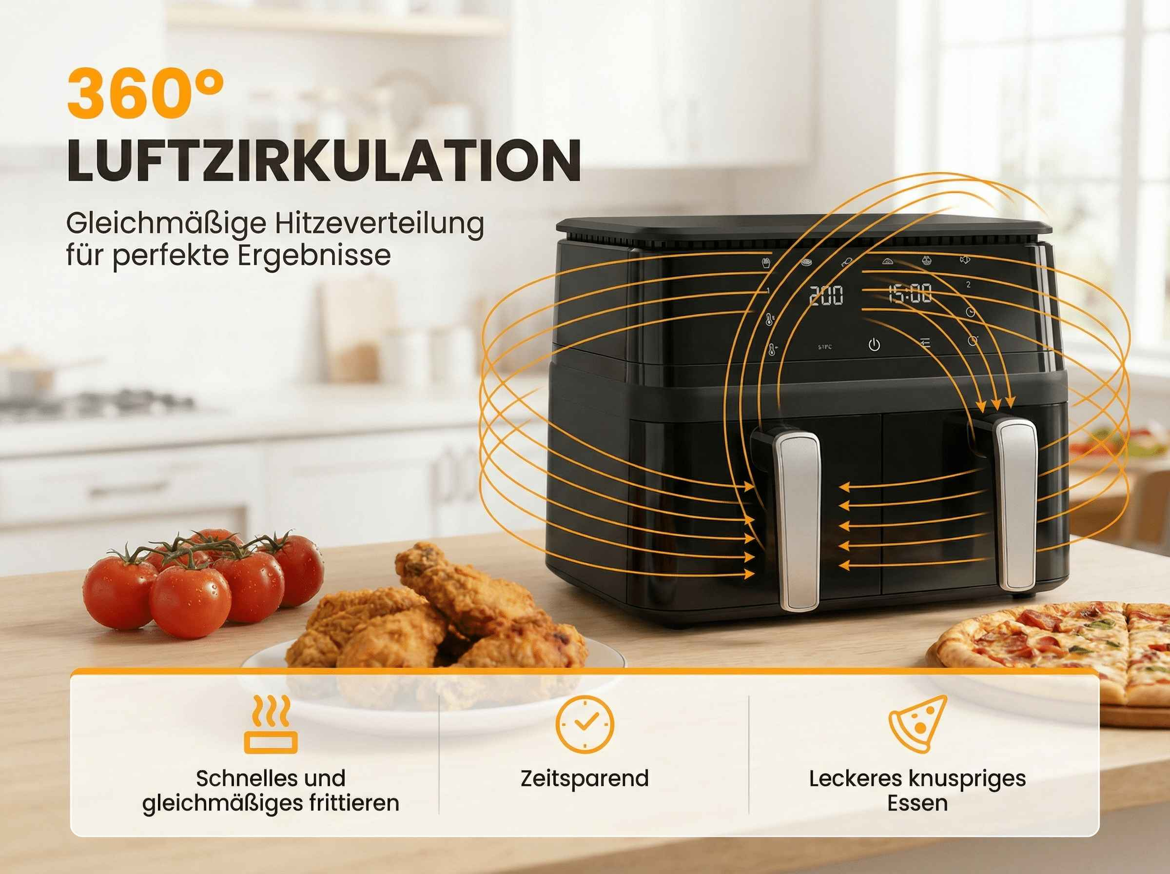 Ein schwarzer Heißluftfritteuse mit Tomaten, Hähnchen und Pizza. Zeigt 360° Luftzirkulation.