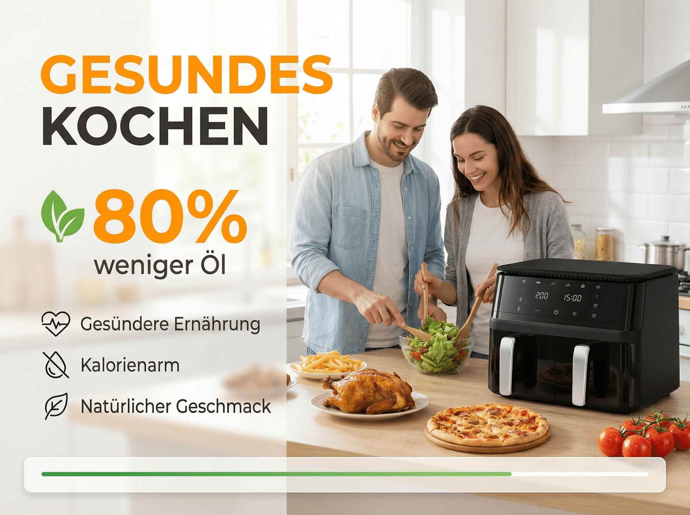 Ein Paar kocht in einer Küche mit einem Airfryer, Hähnchen, Pizza und Salat.