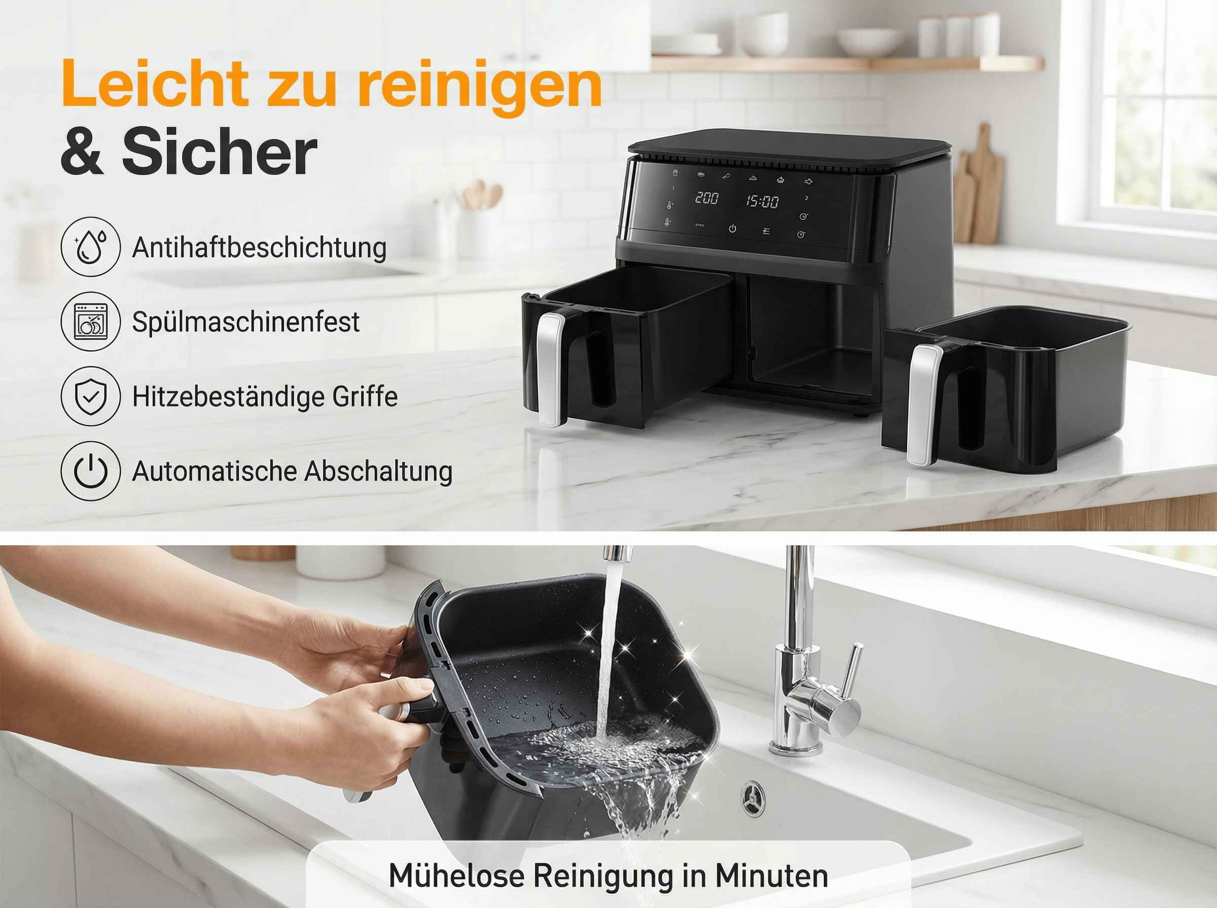 Ein schwarzer Heißluftfritteuse mit zwei Körben, mit Eigenschaften und Reinigung.