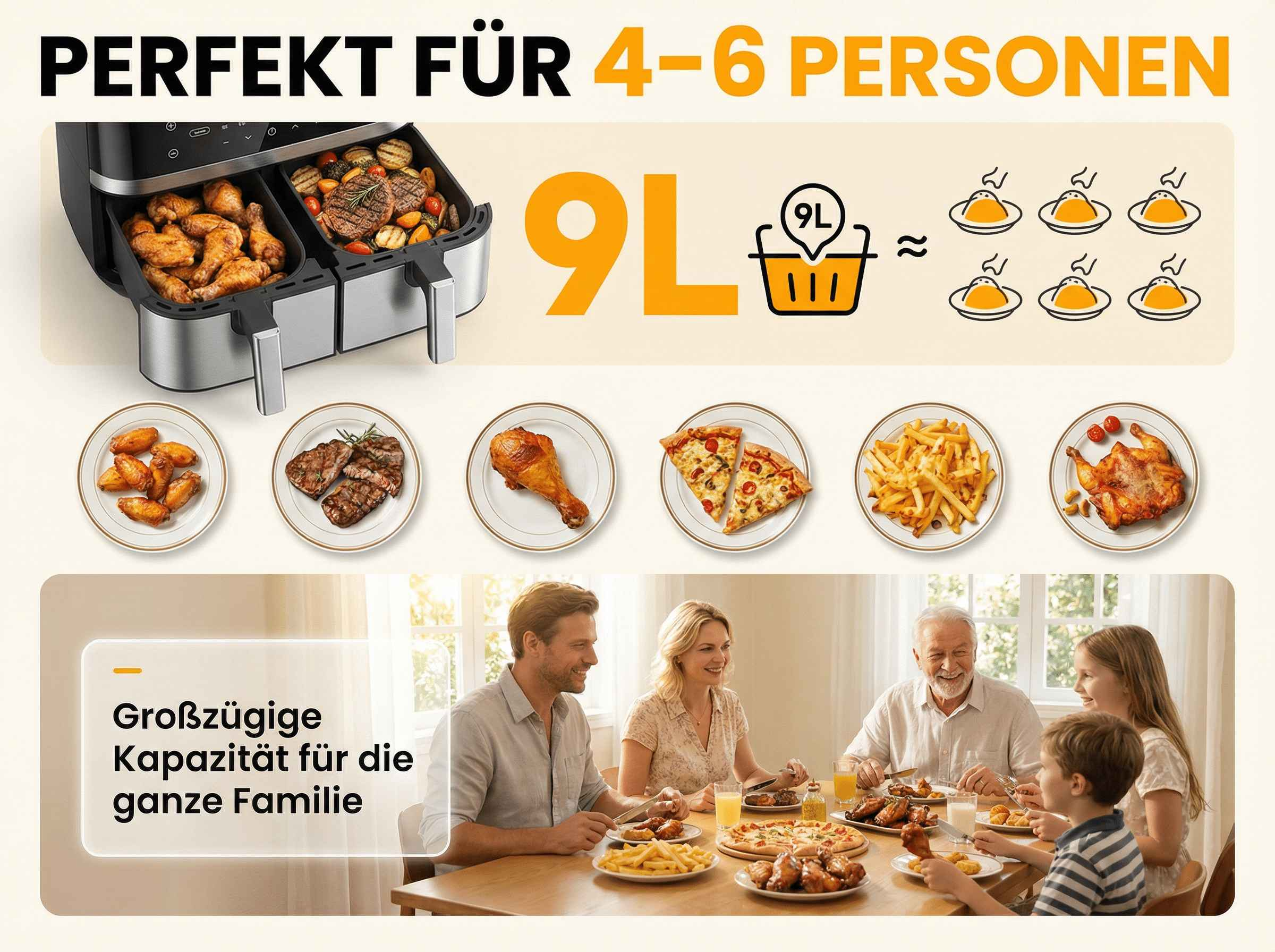 Doppel-Heißluftfritteuse mit 9L Kapazität, perfekt für 4-6 Personen.