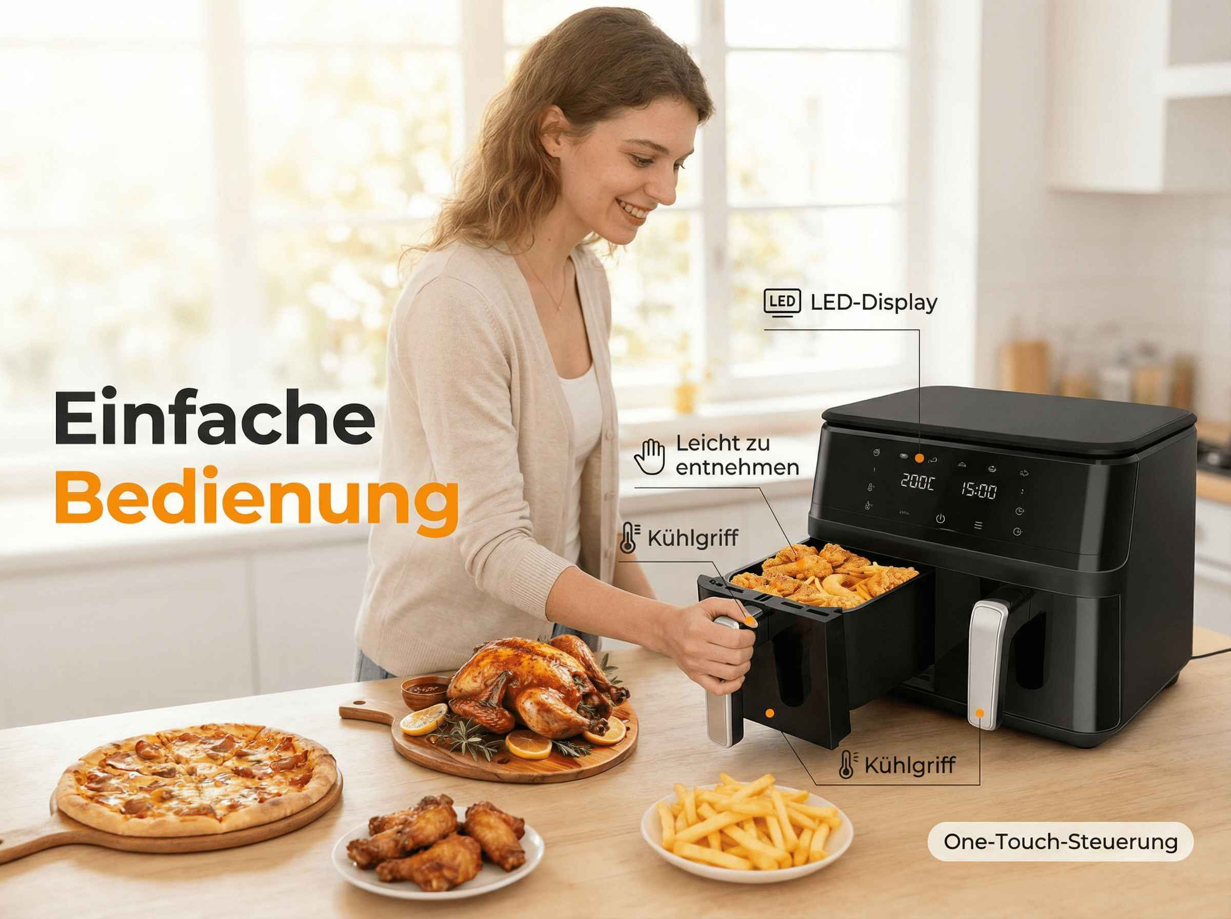 Frau mit einem doppelten Heißluftfritteusen-Gerät, gefüllt mit Essen.