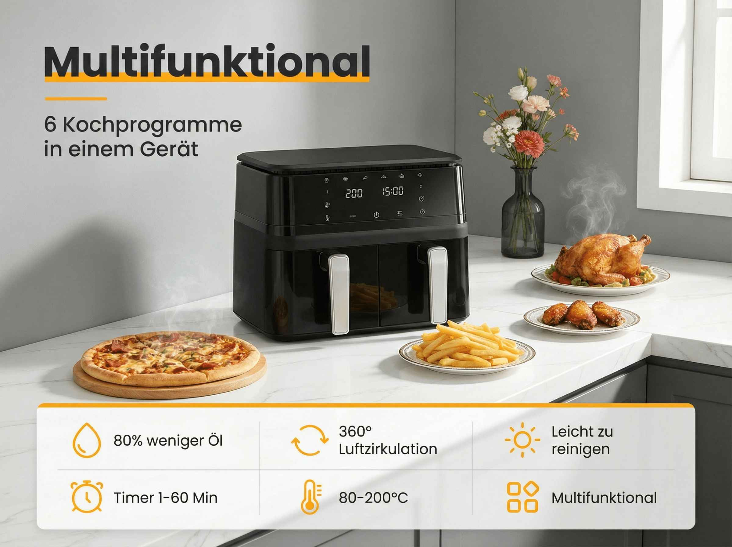 Ein schwarzer Heißluftfritteuse mit Pizza, Pommes, Brathähnchen und Blumen.