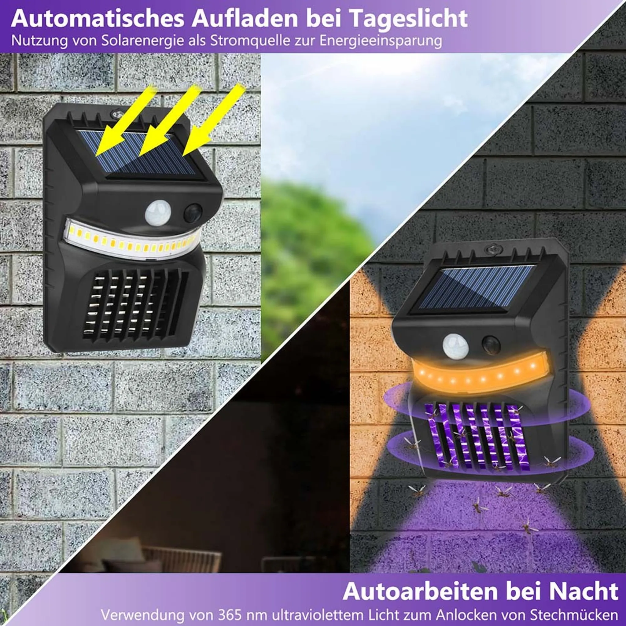 Solar-Insektenvernichter: Tagsüber Aufladen, Nachts UV-Licht zum Insekten anlocken.