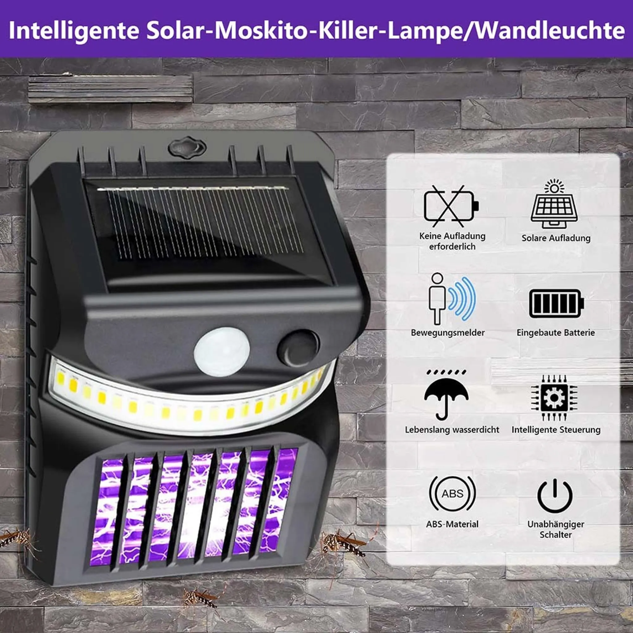 Solar-Moskito-Killer-Lampe mit LED-Licht, Solarpanel und Ladeanzeige.