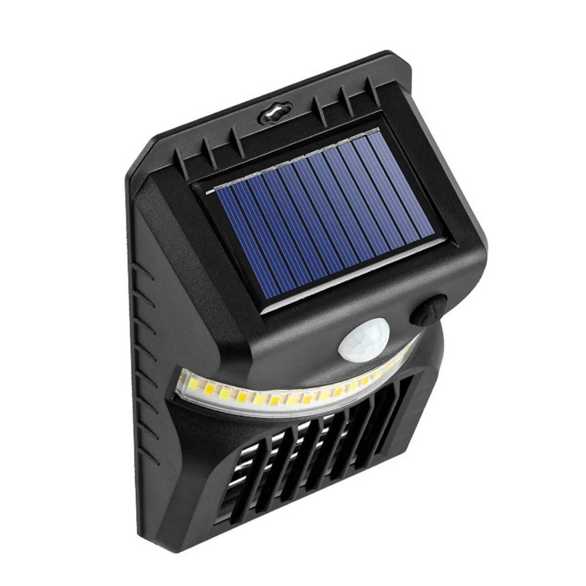 Schwarze Solarleuchte mit Solarpanel, Bewegungsmelder und LEDs.