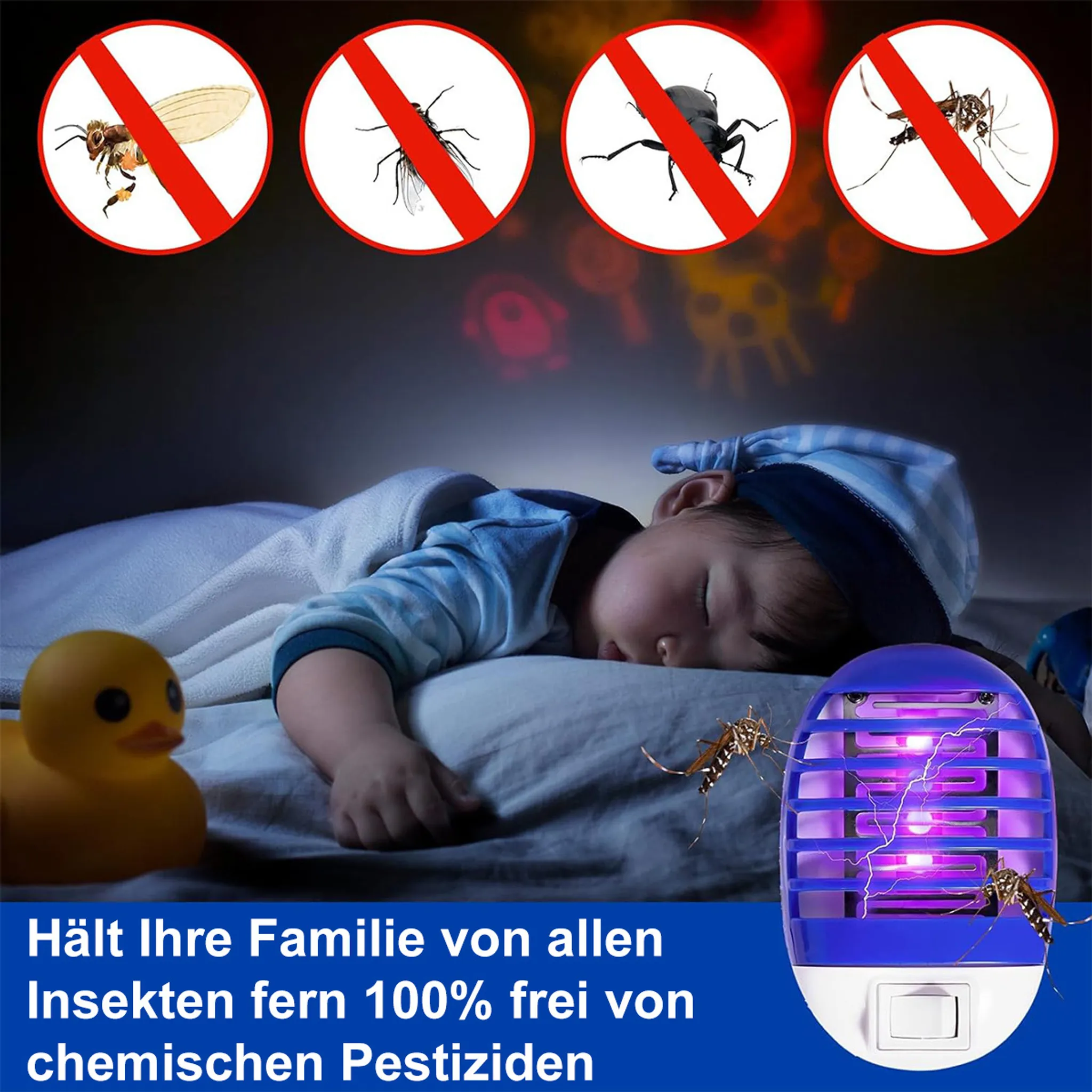 Ein Kind schläft neben einem gelben Quietscheentchen und einem Insektenvernichter.