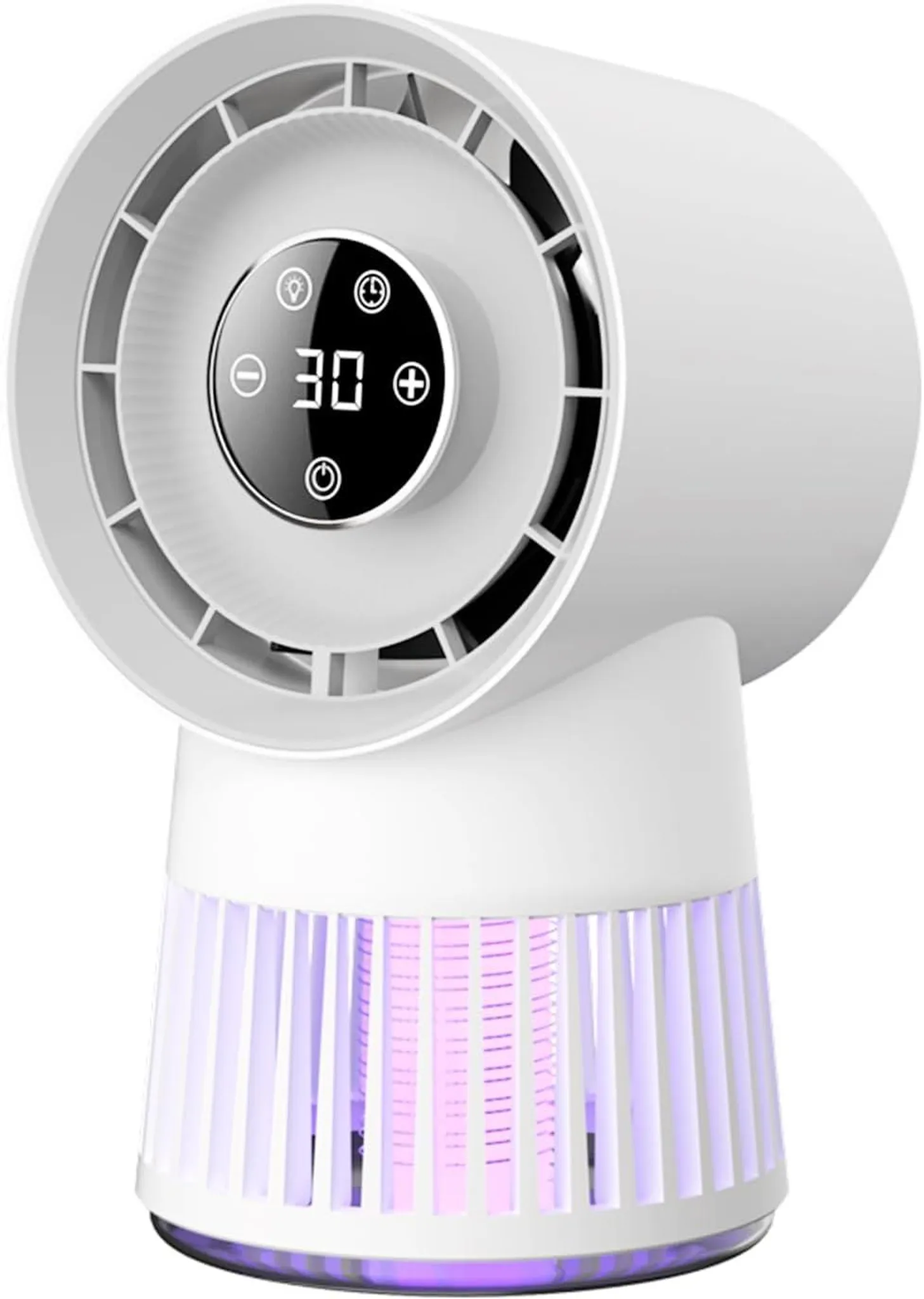Ein weißer Insektenvernichter mit digitaler Anzeige und lila Licht.