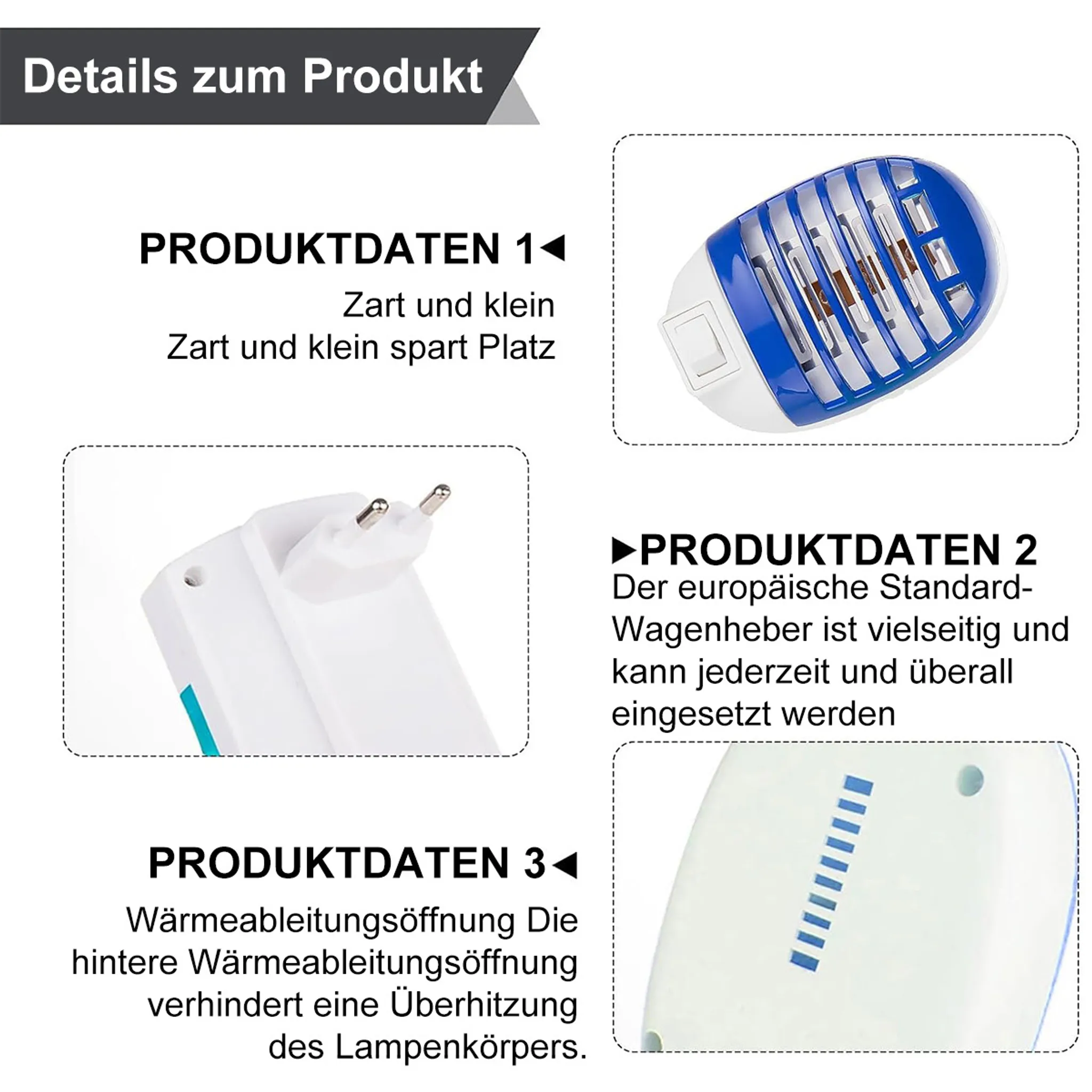 Ein weißer und blauer Insektenvernichter mit Lüftungsschlitzen und Stecker.
