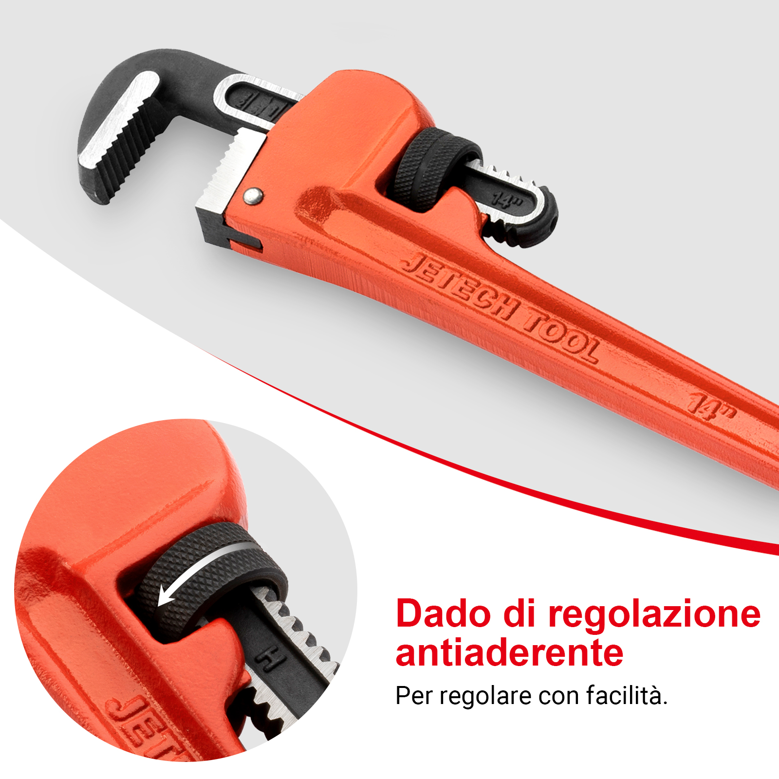 Una chiave inglese per tubi rossa con manico nero e ganascia regolabile.