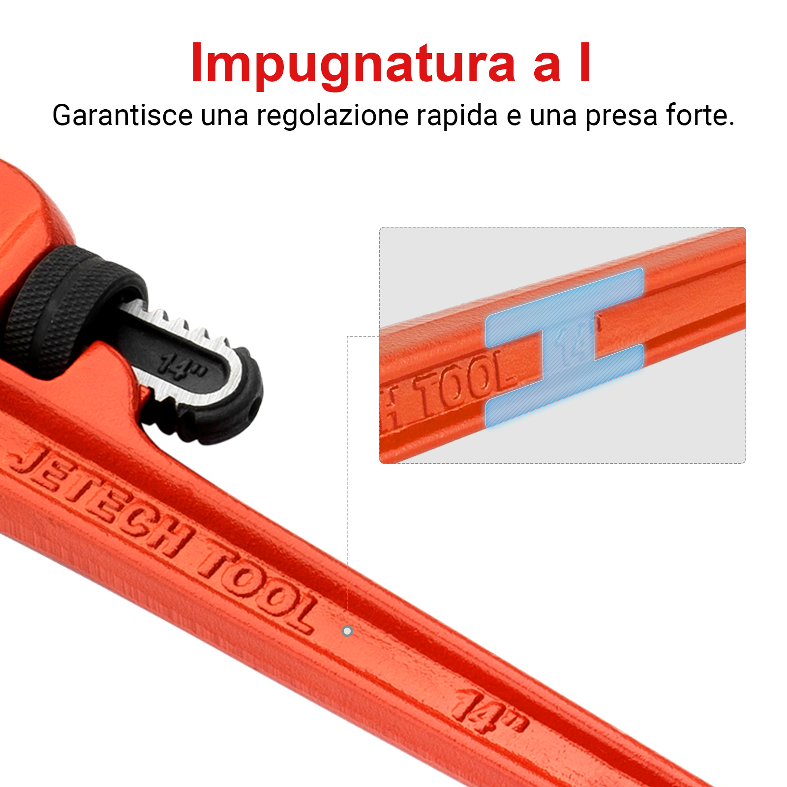 Una chiave inglese arancione con manico nero e viste ravvicinate.