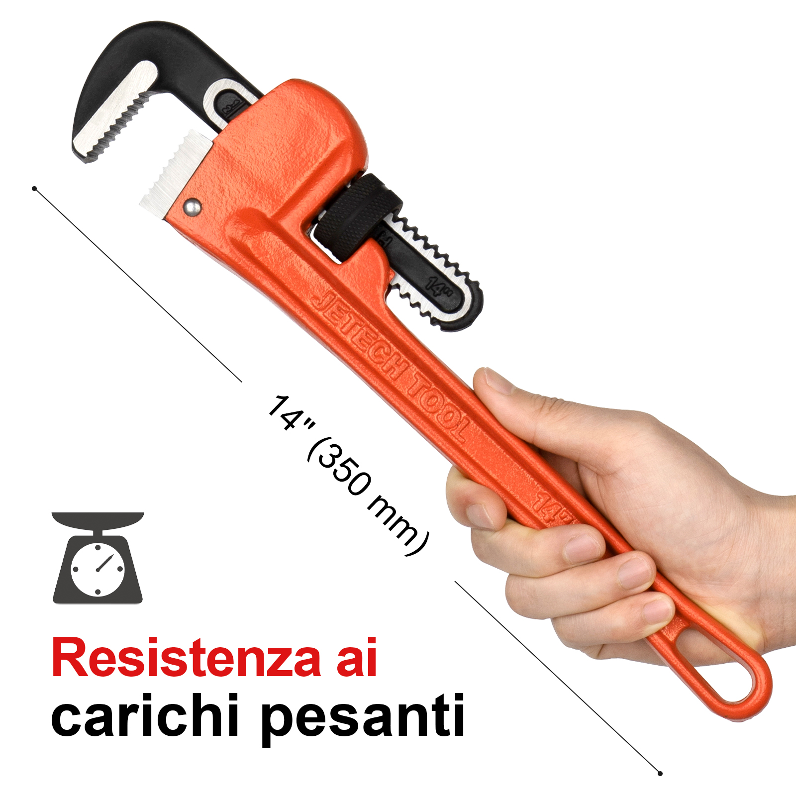 Una mano tiene una chiave inglese da 14 pollici arancione. Testo in basso: Resistenza ai carichi pesanti.