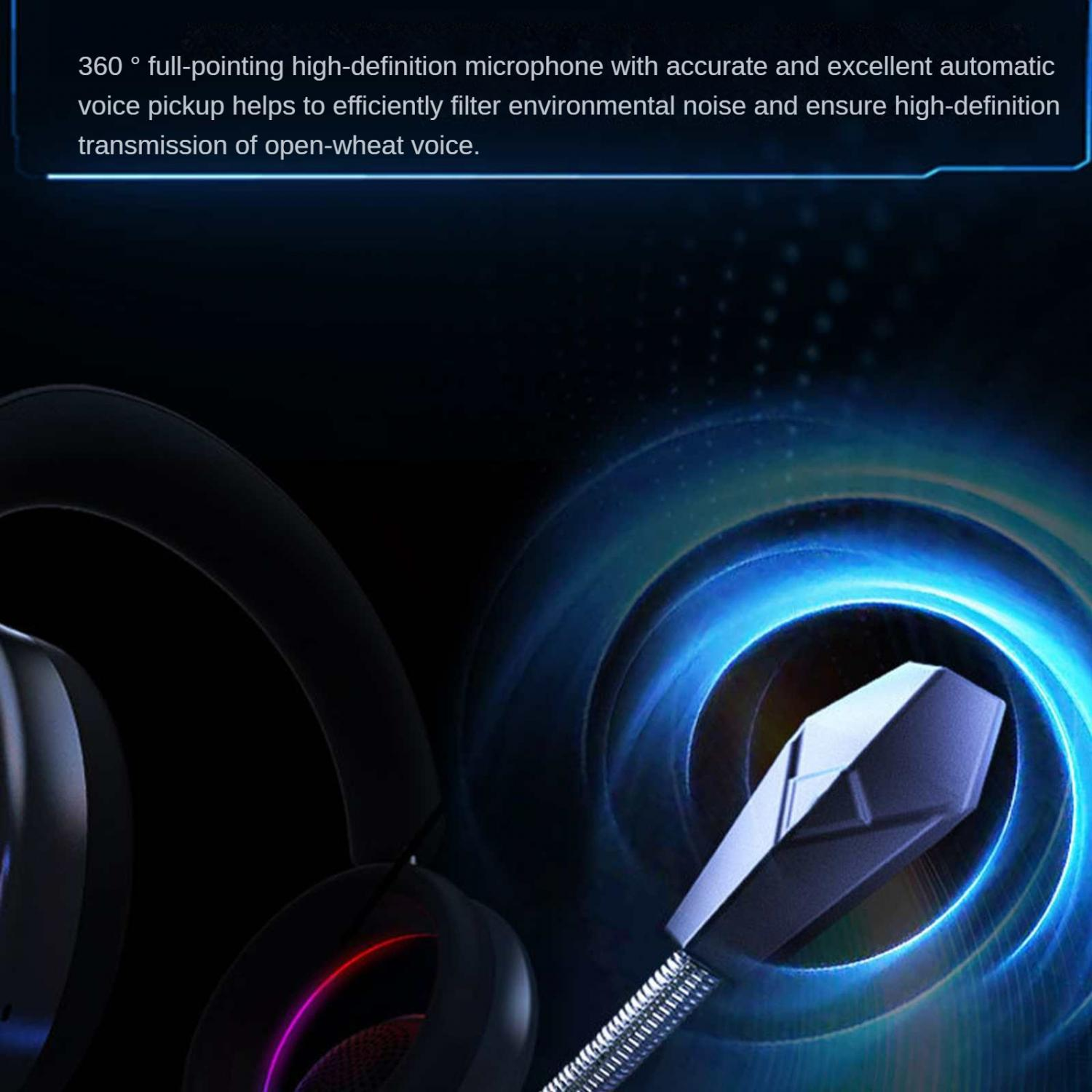 Nahaufnahme eines Gaming-Headsets mit Mikrofon, das mit blauen und violetten Lichtern beleuchtet ist.