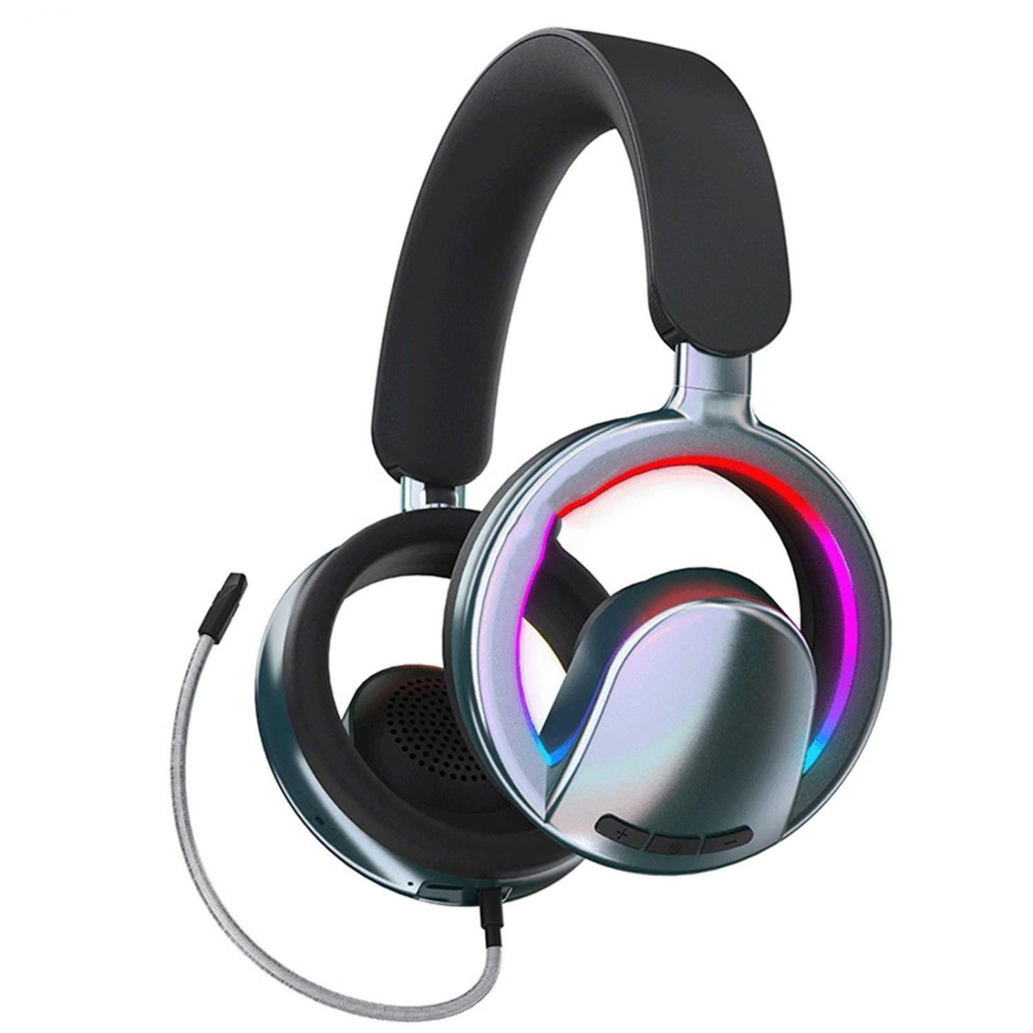 Graue Kopfhörer mit RGB-Beleuchtung und Mikrofon.