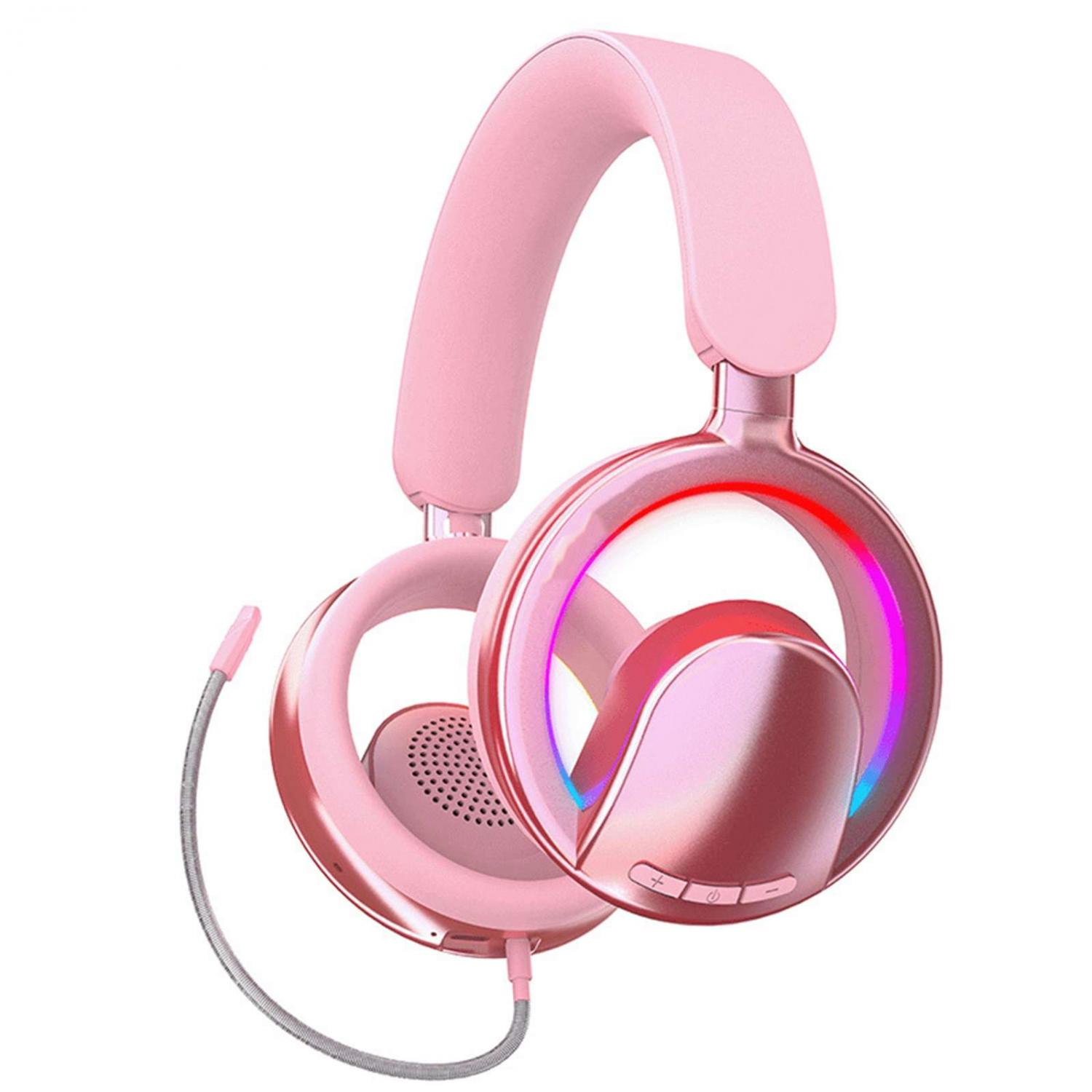 Ein rosa Gaming-Headset mit leuchtenden Ringen um die Ohrmuscheln.