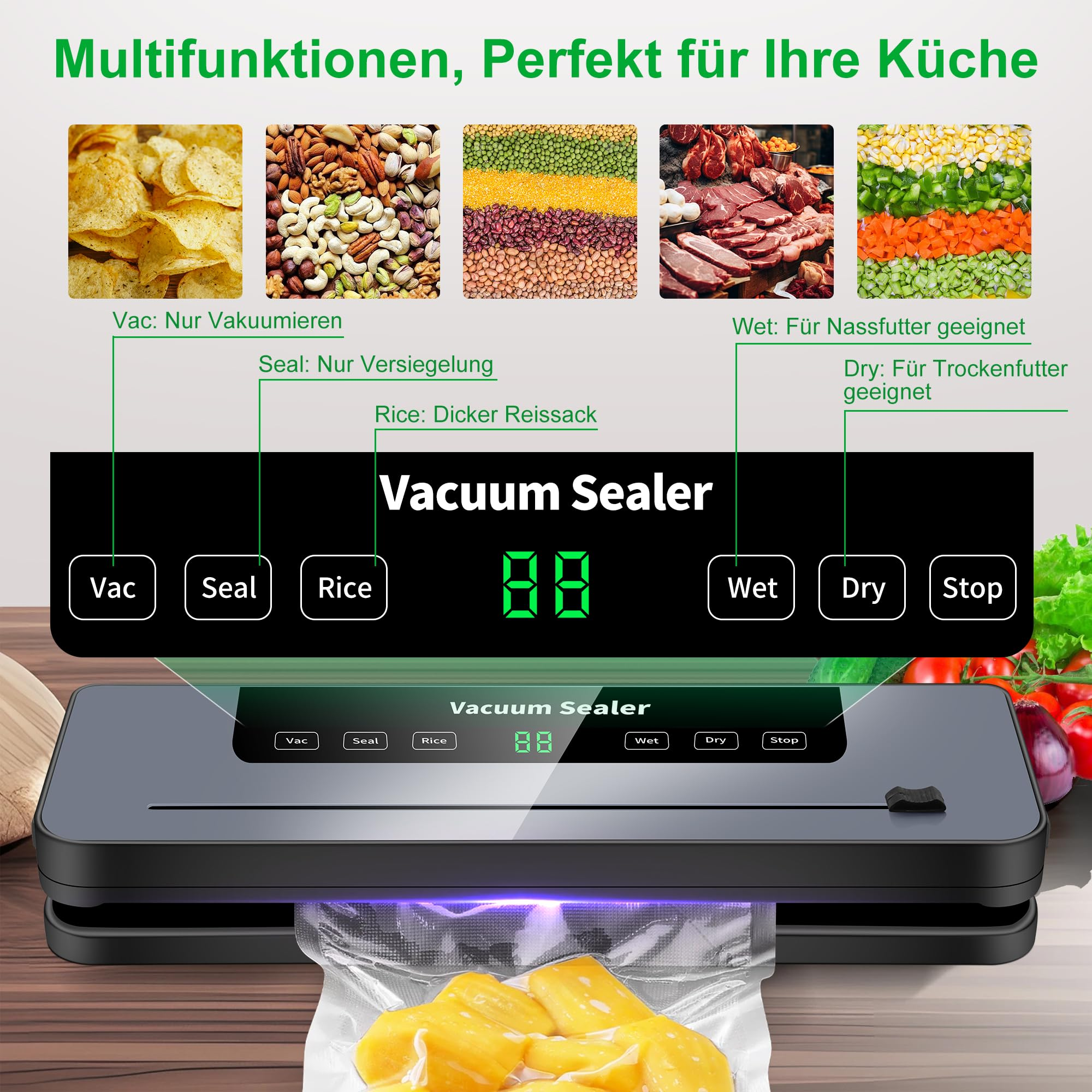 Ein Vakuumierer mit verschiedenen Modi und Lebensmittelbildern.