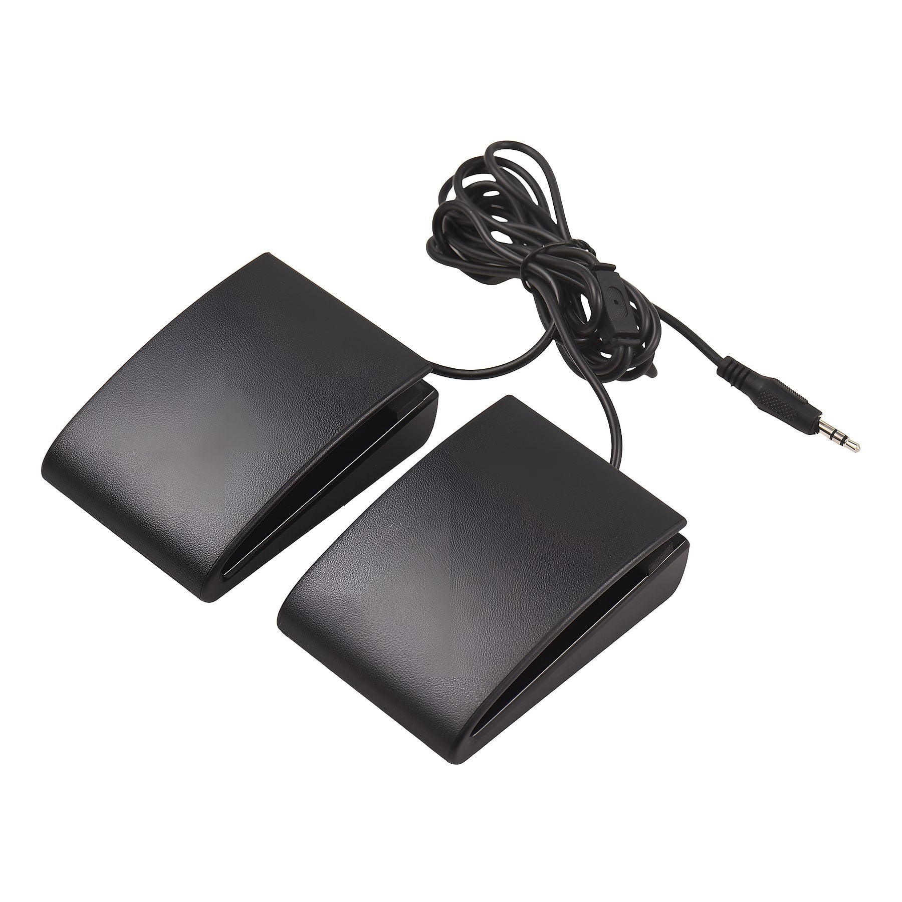 Zwei schwarze Lautsprecher mit Kabel und 3,5-mm-Stecker auf weißem Hintergrund.
