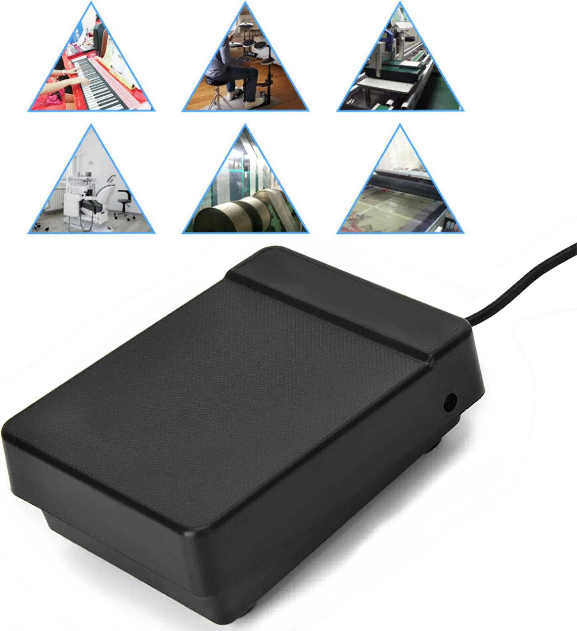 Schwarzes Fußpedal mit einem Kabel und sechs kleinen Bildern im Dreieckformat.
