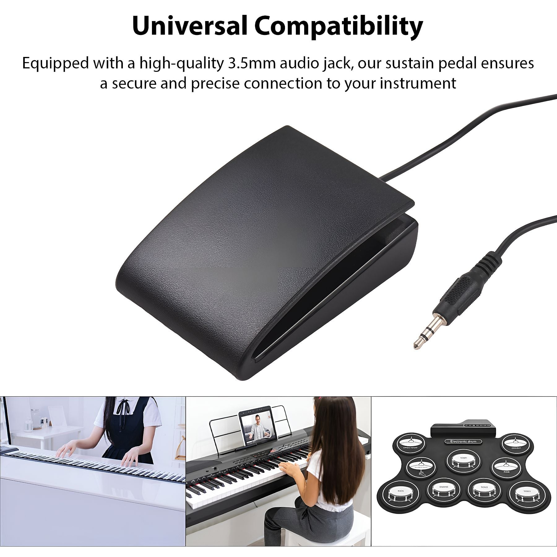 Schwarzes Sustain-Pedal mit 3,5-mm-Klinkenstecker und Nahaufnahmen von Klavieren und einer E-Trommel.