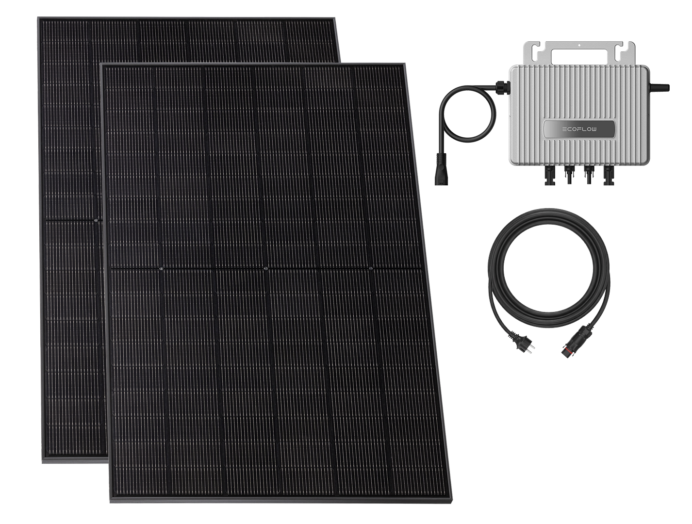 Zwei schwarze Solarmodule neben einem silbernen Wechselrichter und Kabel.