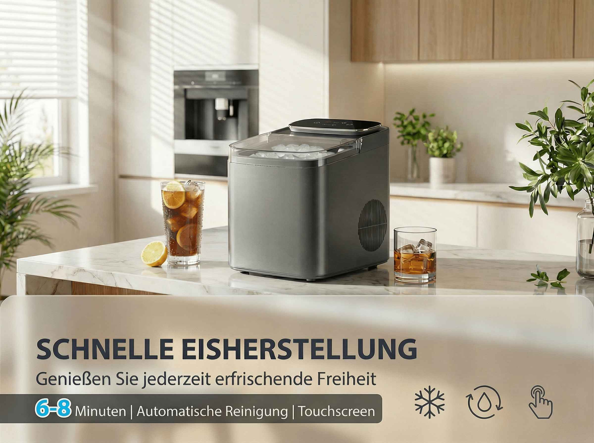 Grauer Eiswürfelbereiter mit Eiswürfeln, daneben zwei Gläser mit Getränken und Zitrone.