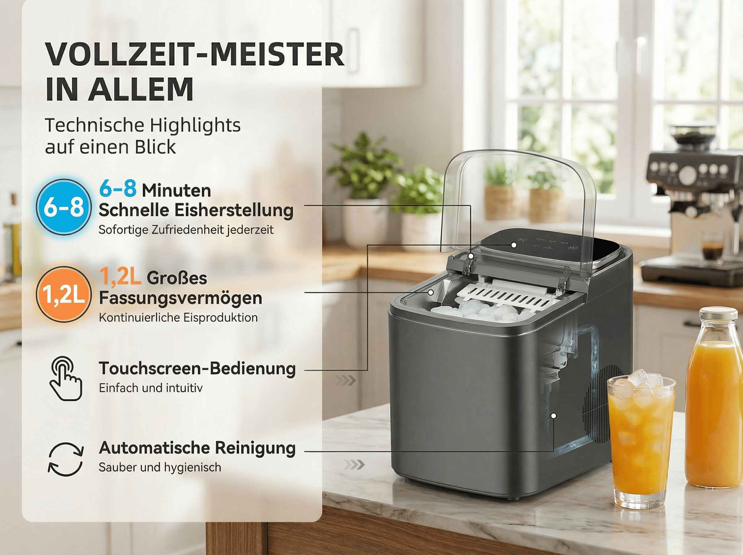 Eismaschine mit Touchscreen, 1,2L Fassungsvermögen, stellt Eis in 6-8 Min. her.