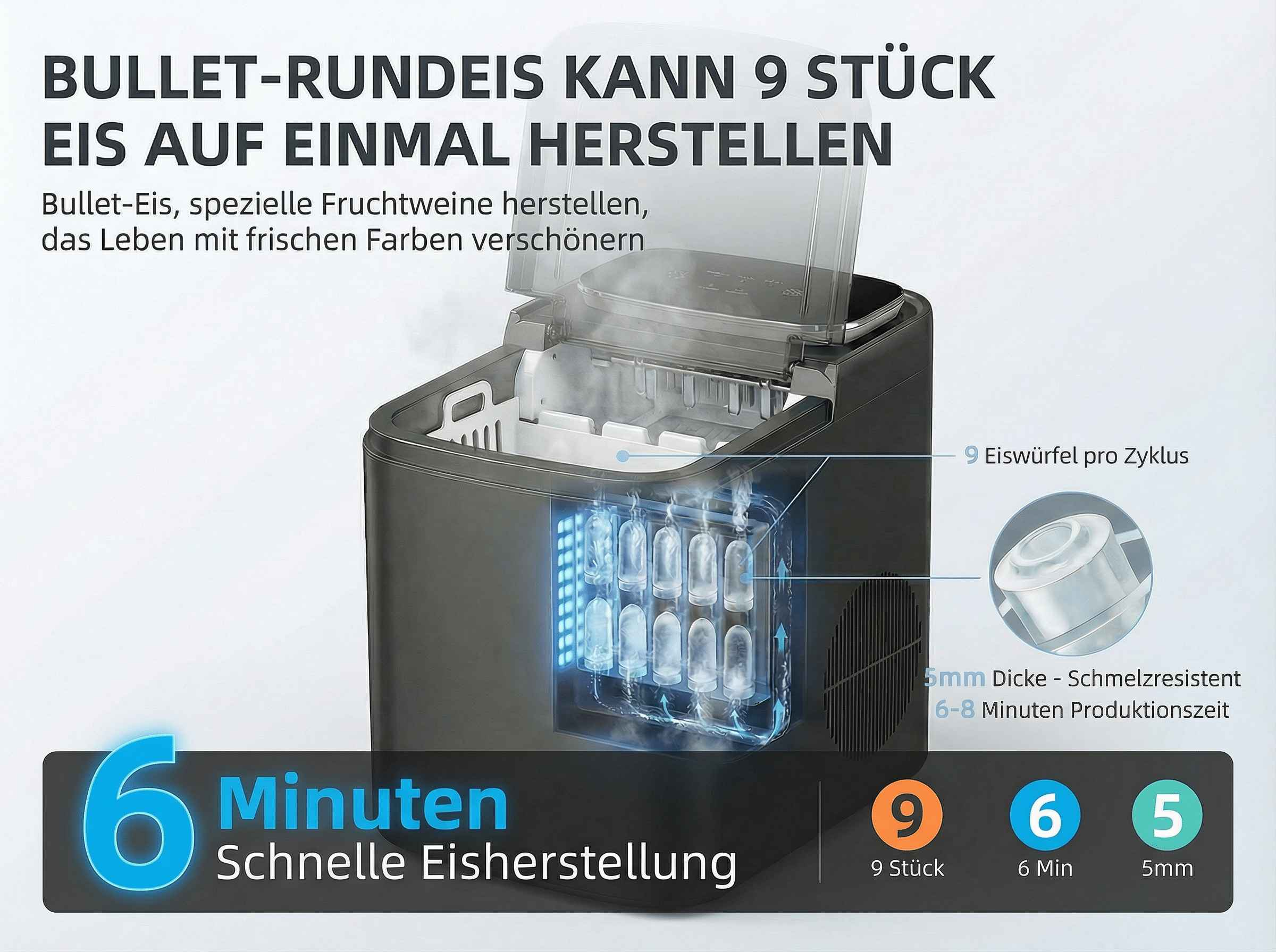 Eismaschine mit transparentem Deckel, die 9 Eiswürfel pro Zyklus herstellt.