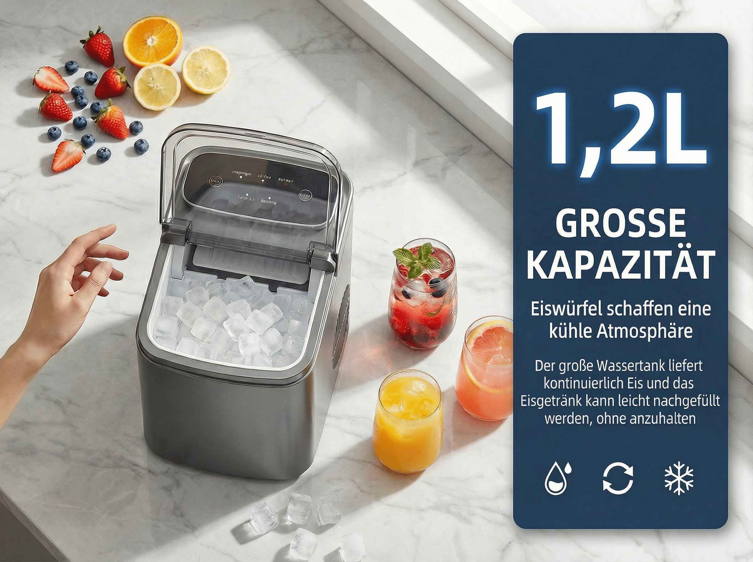 Eismaschine mit Eiswürfeln, Früchten und Getränken. Große Kapazität von 1,2L.