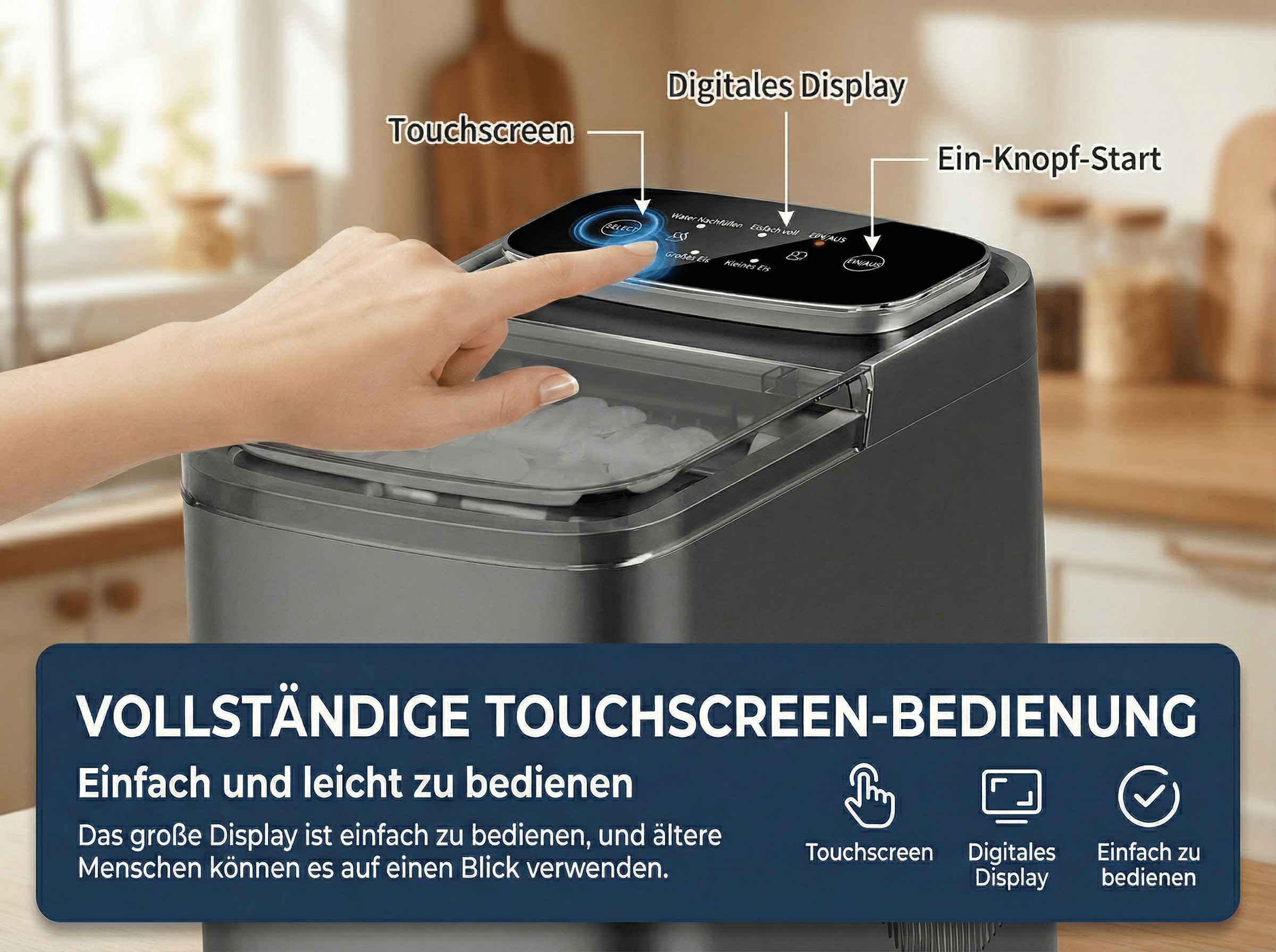 Eine Hand berührt den Touchscreen einer Eismaschine mit digitalem Display.