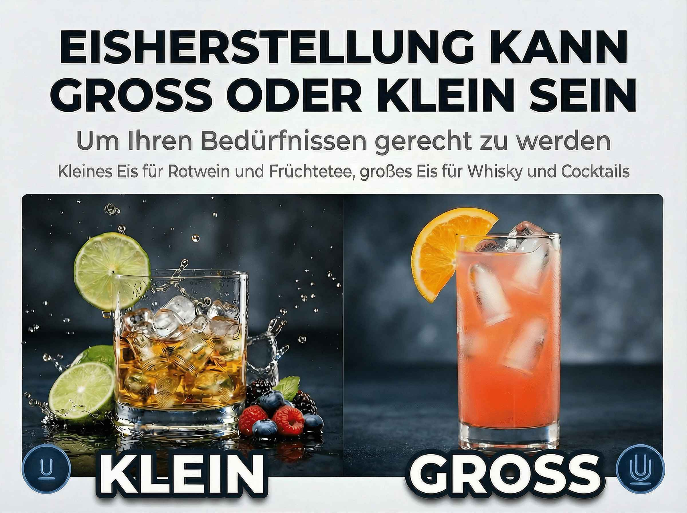 Zwei Eisgetränke: links klein mit Limette, rechts groß mit Orange.