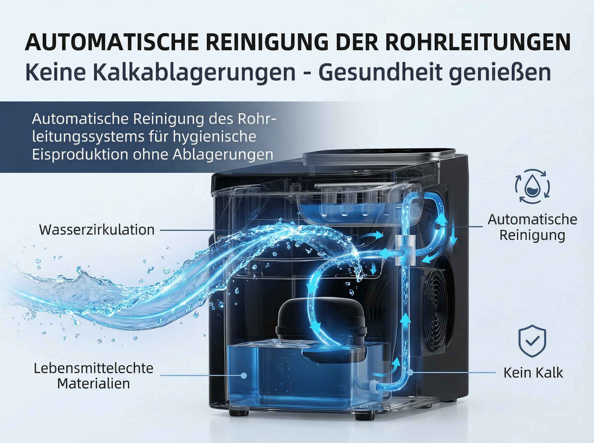 Diagramm einer automatischen Rohrreinigungsanlage mit Wasserkreislauf.