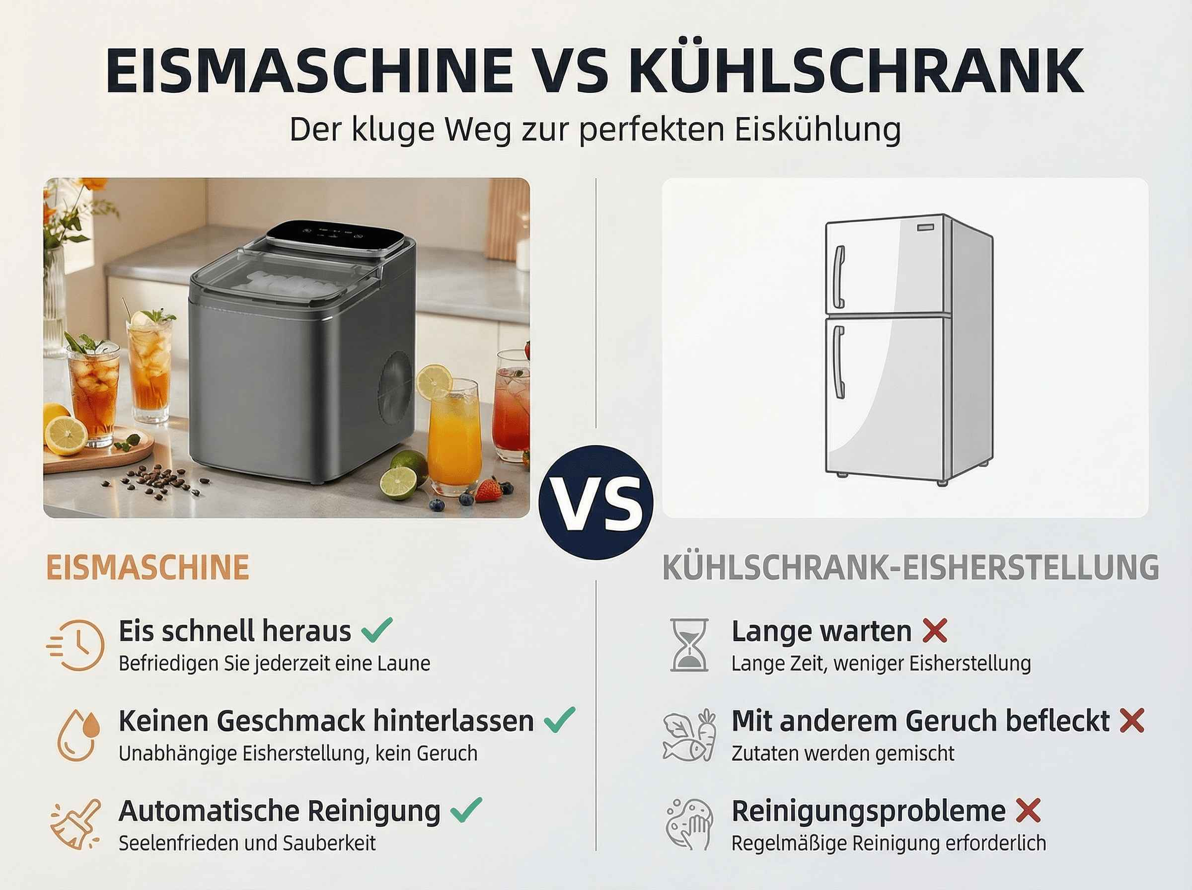 Vergleich: Eismaschine vs. Kühlschrank-Eisherstellung mit Vorteilen und Nachteilen.