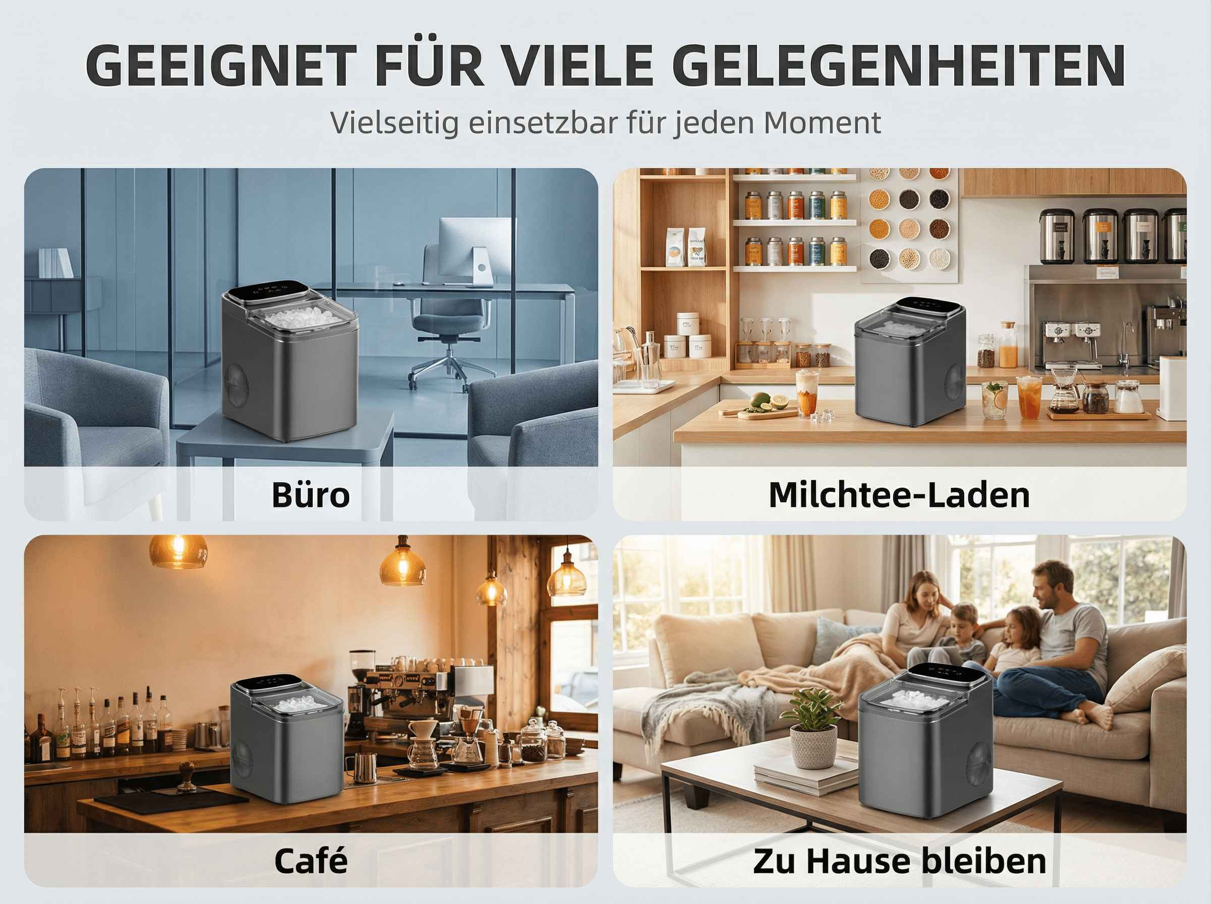 Ein Eisbereiter wird in verschiedenen Szenarien gezeigt: Büro, Milchtee-Laden, Café und Zuhause.