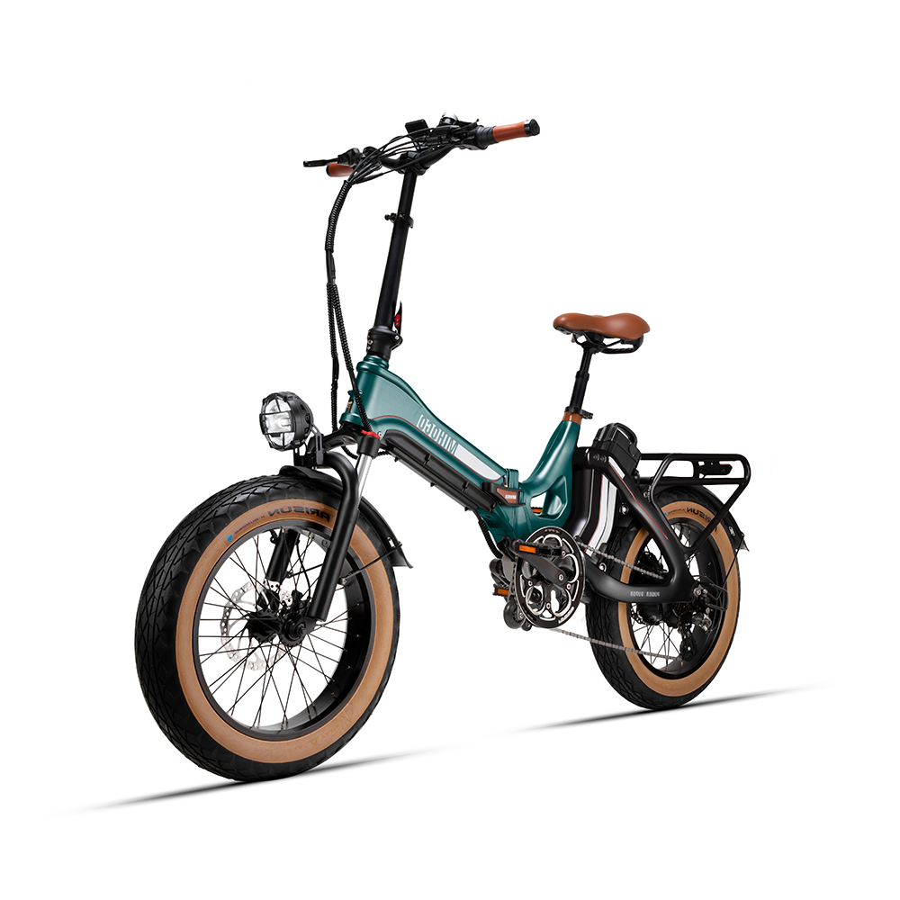 Ein smaragdgrünes faltbares E-Bike mit braunem Sattel und Griffen, breiten Reifen und Gepäckträger.