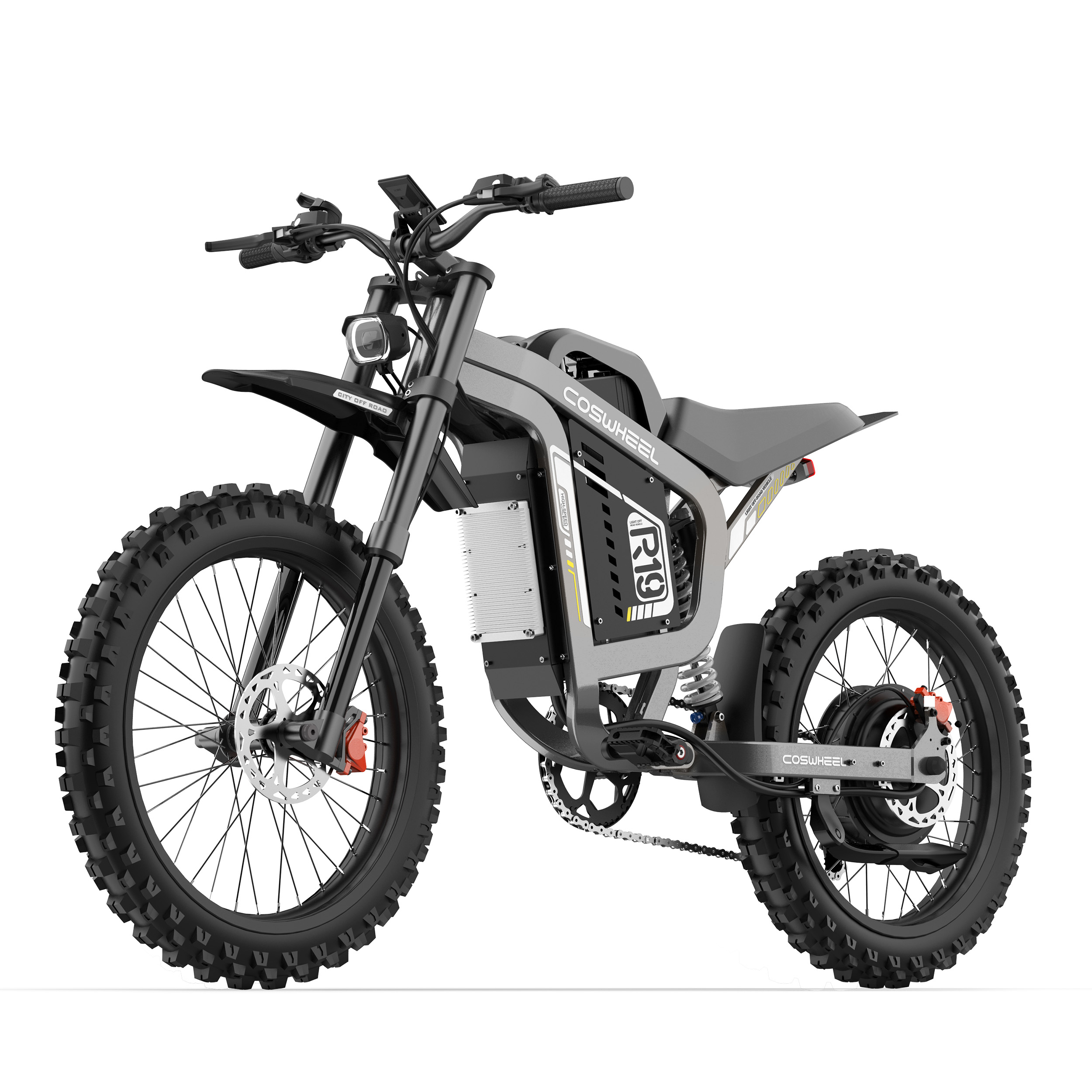Ein graues E-Bike mit grobstolligen Reifen und Federung.