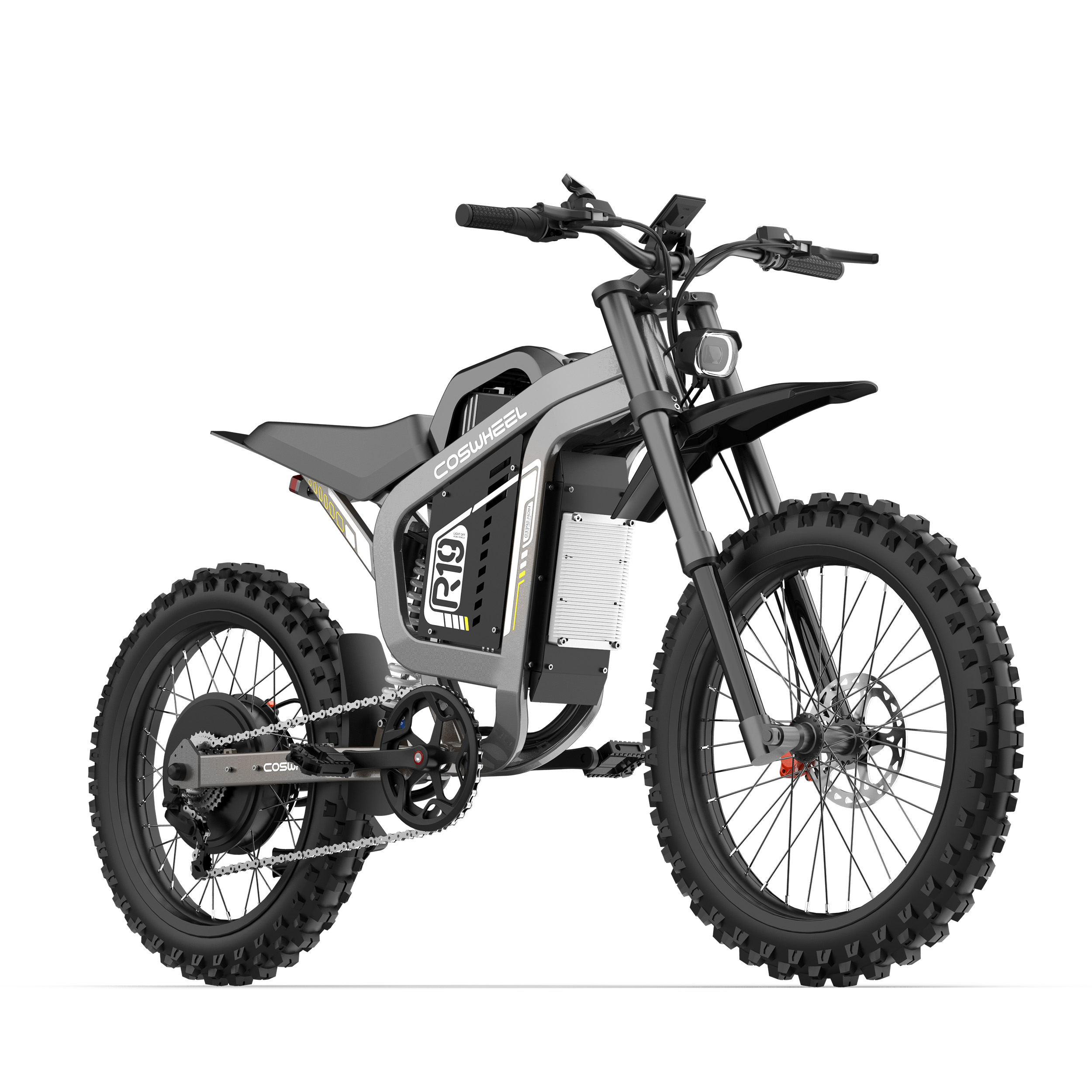 Ein graues und schwarzes E-Bike mit groben Reifen und Federung.