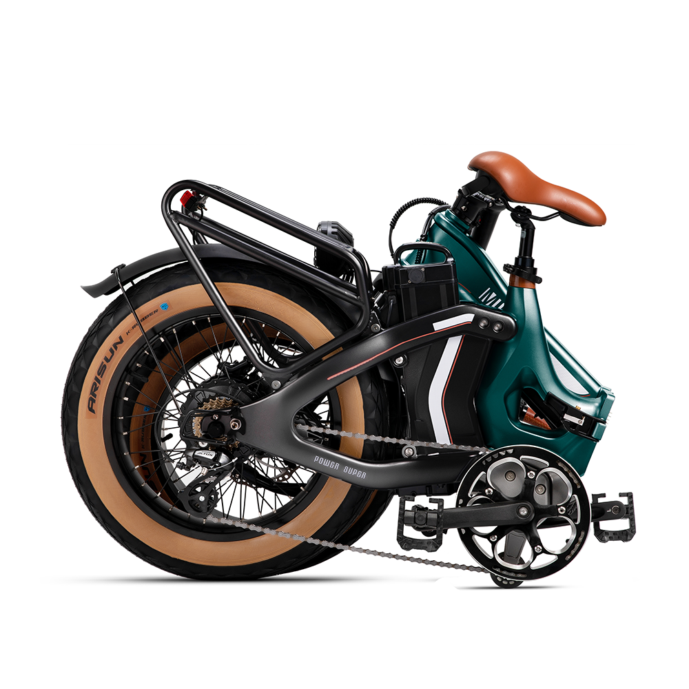 Ein dunkelgrünes faltbares E-Bike mit braunem Sattel und dicken Reifen.