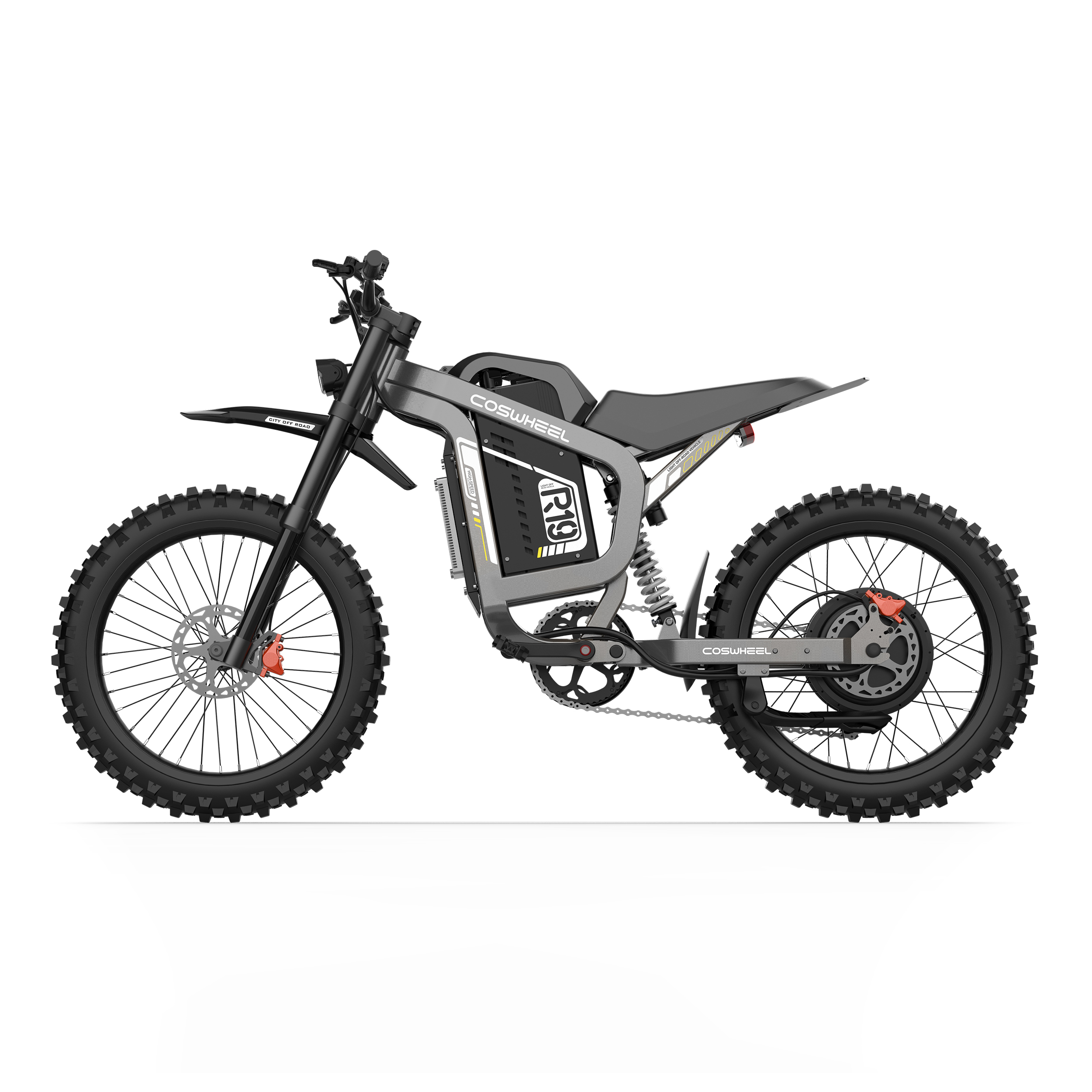 Ein graues Elektro-Dirtbike mit schwarzen Reifen und roten Bremssätteln.