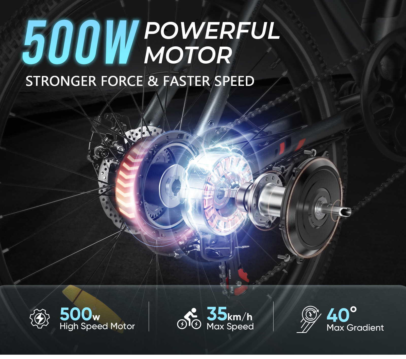 Zbliżenie na silnik elektryczny i tylne koło roweru. Moc 500W.