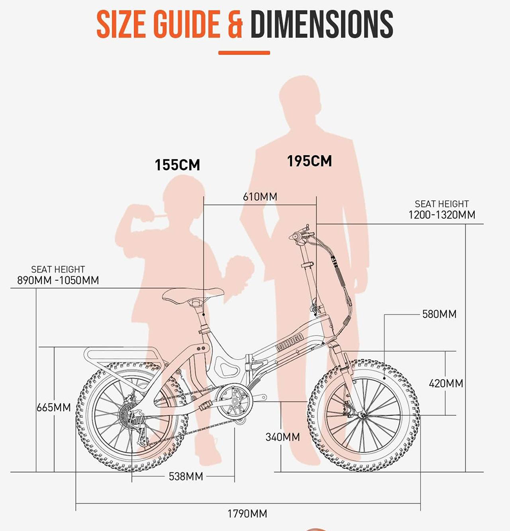 Größenleitfaden mit einem Fahrrad zwischen zwei Silhouetten, 155 cm und 195 cm.