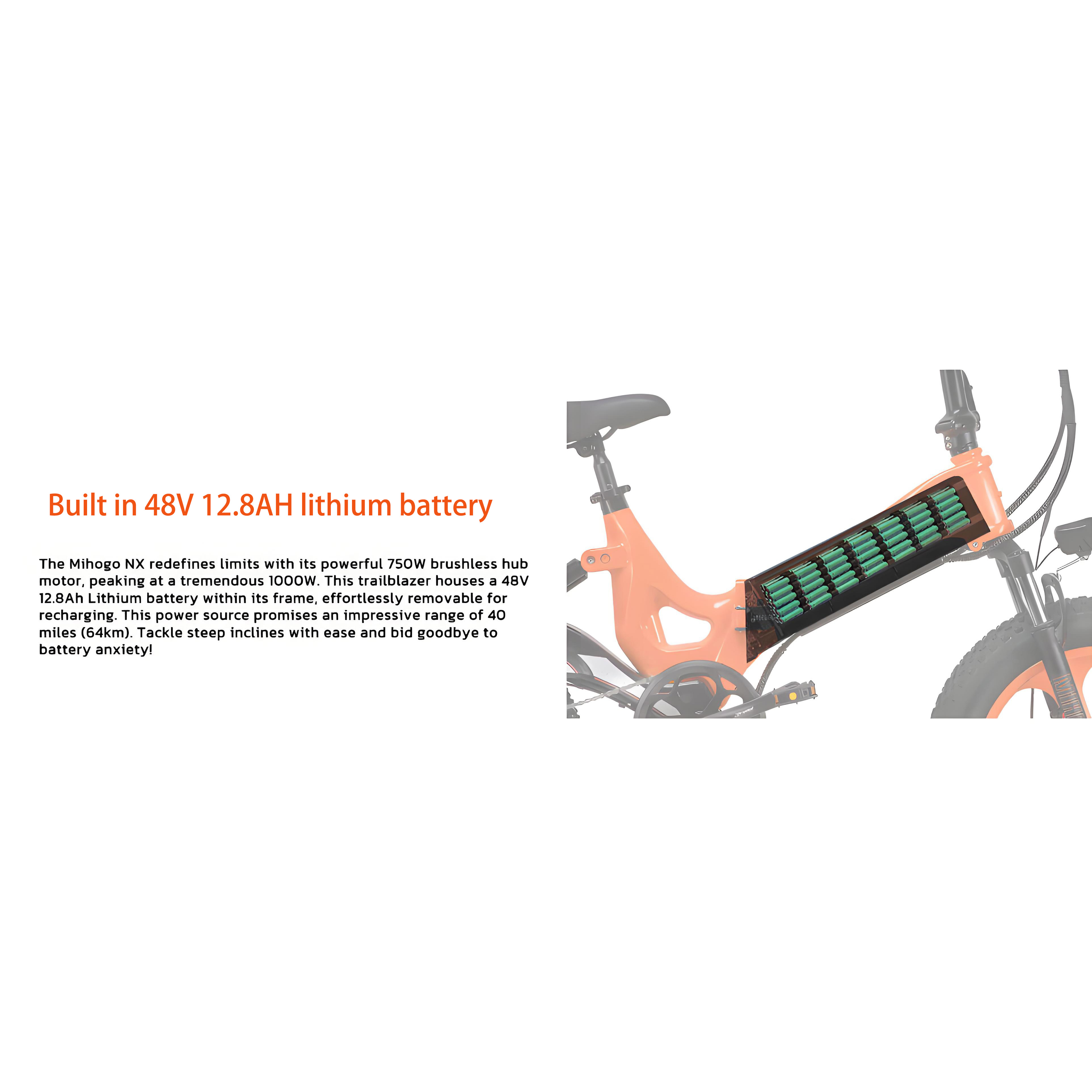Orange E-Bike mit integriertem Akku, der aus vielen kleinen Batterien besteht.
