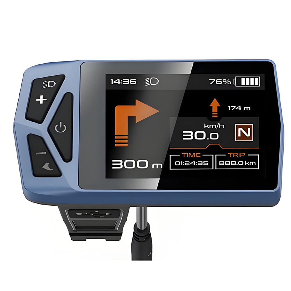 Ein blaues E-Bike-Display mit Navigation, Geschwindigkeit und Akkustand.
