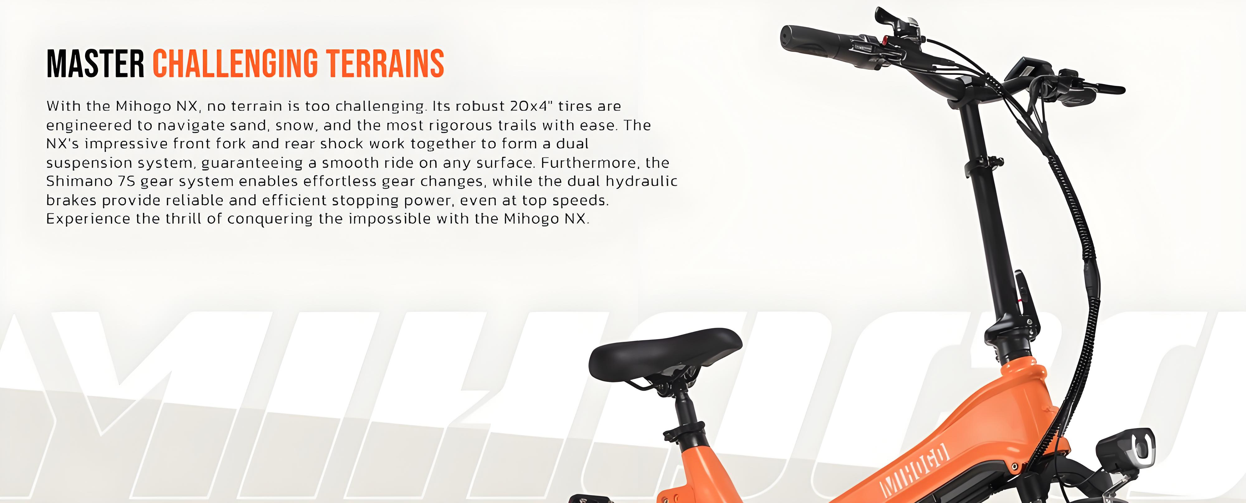 Orange E-Bike mit schwarzem Lenker, Sitz und Reifen. Text hebt Geländetauglichkeit hervor.