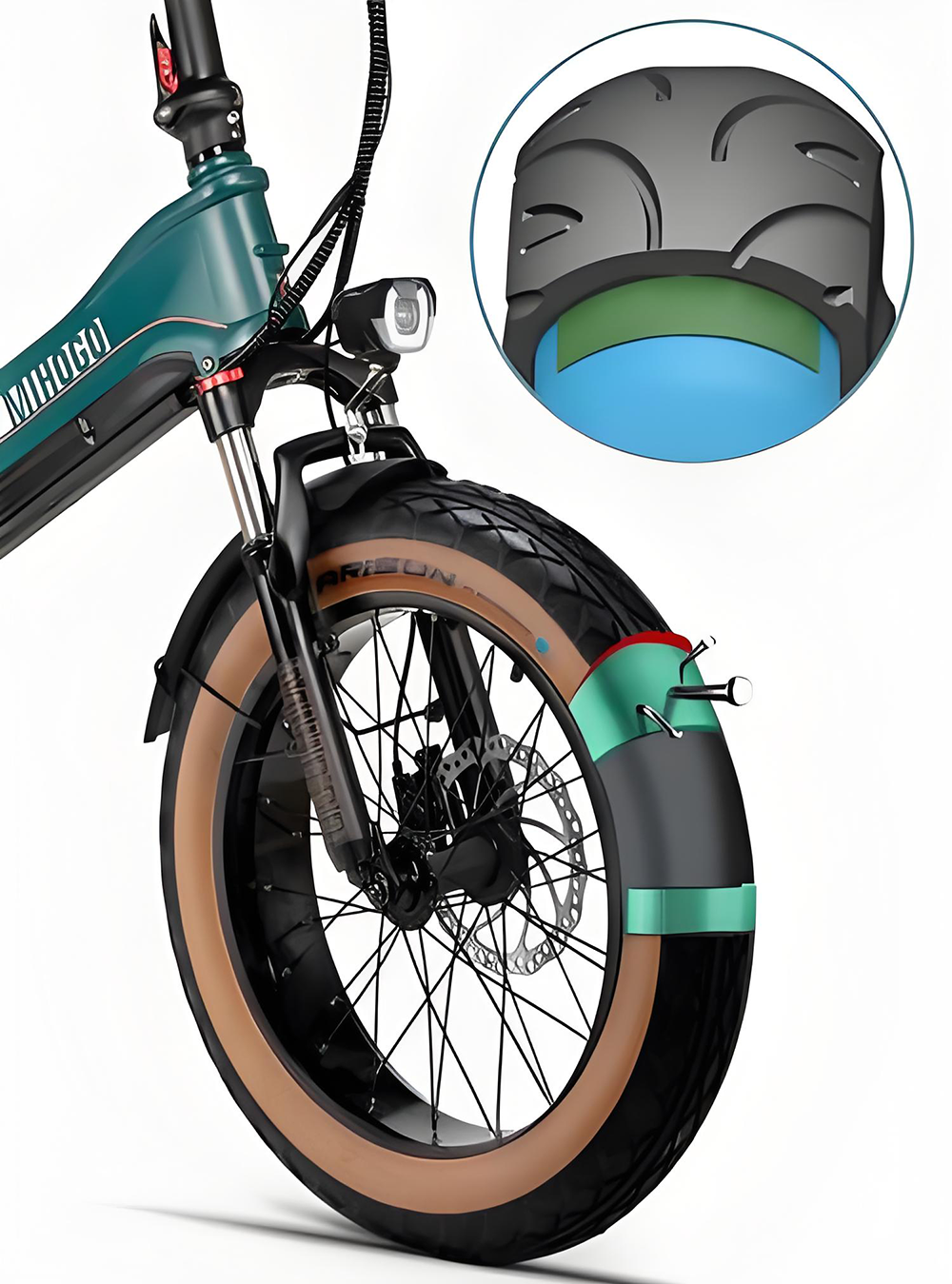 Detailansicht eines grünen E-Bikes Vorderrads mit Scheibenbremse und Gabel.