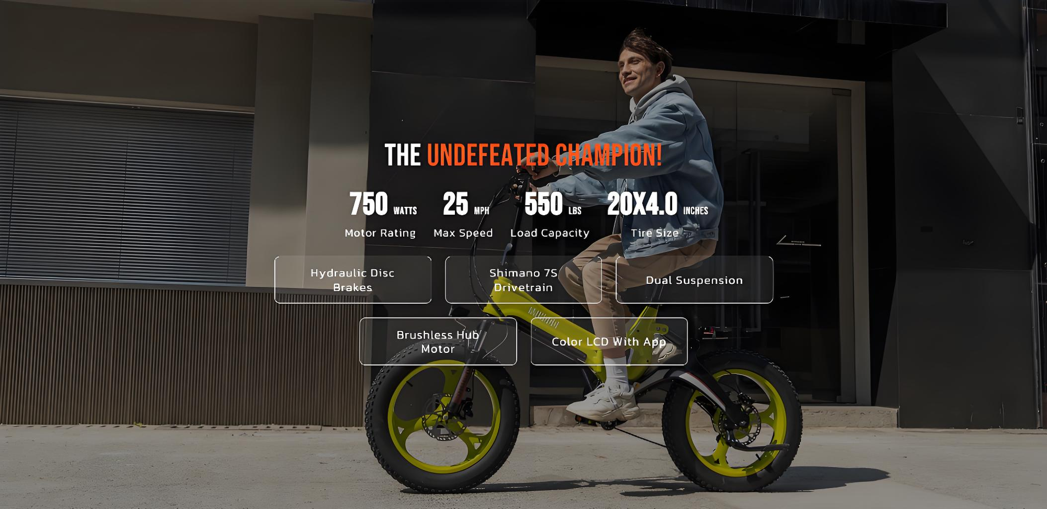 Ein Mann fährt ein gelbes E-Bike mit breiten Reifen und Scheibenbremsen.