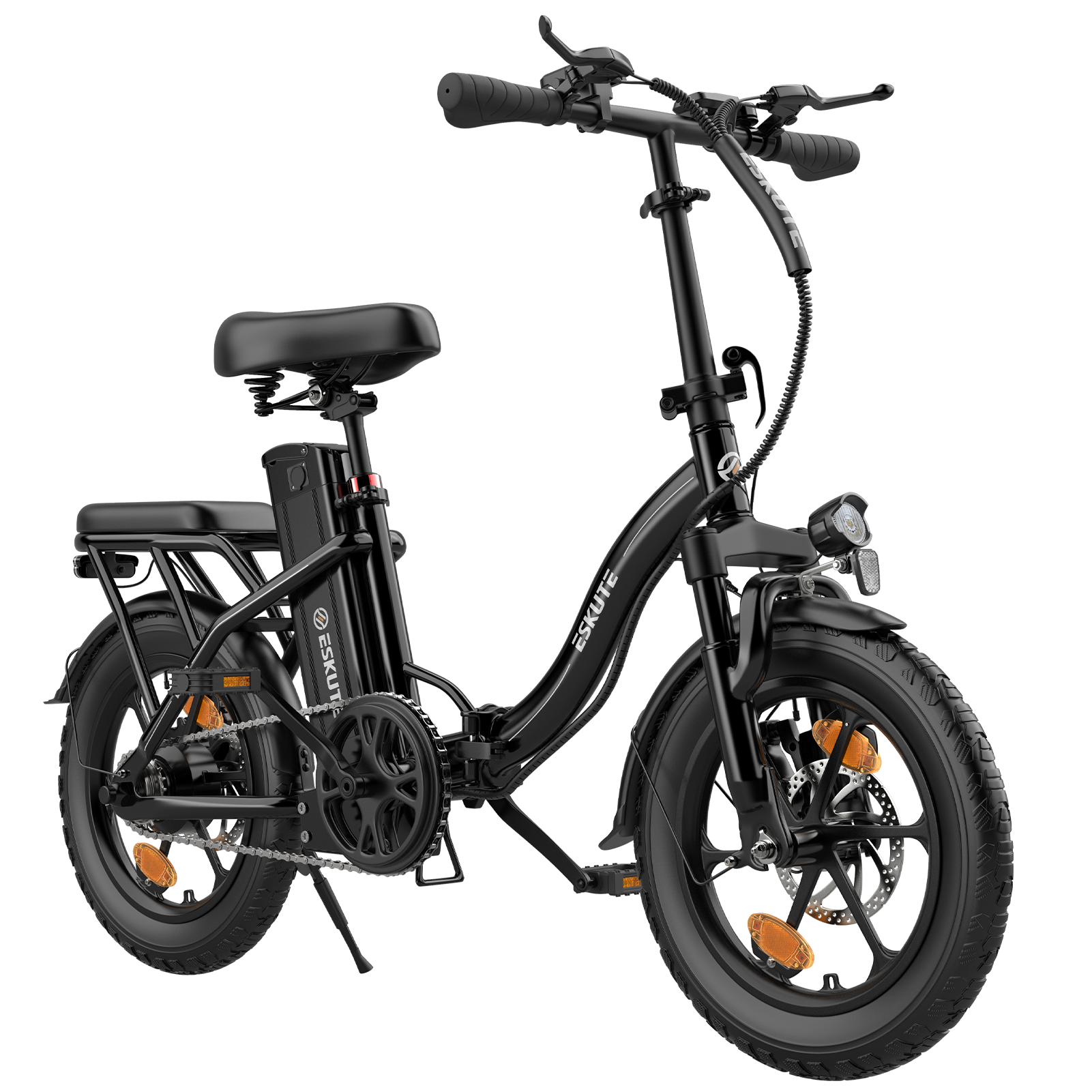 Schwarzes faltbares E-Bike mit breiten Reifen, Federung und Gepäckträger.