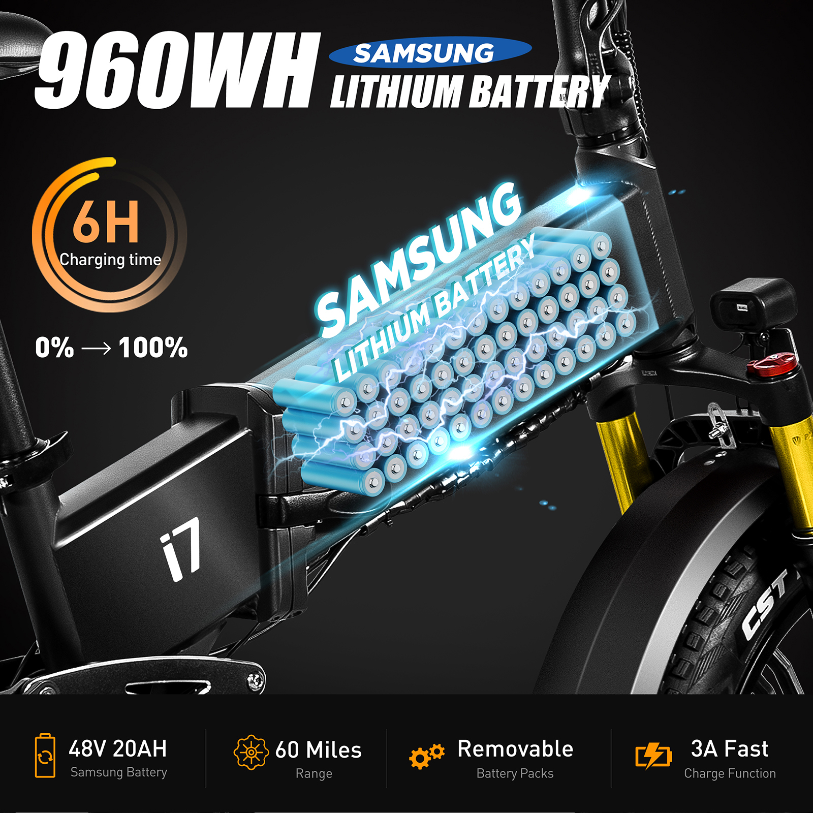 Rower elektryczny z baterią Samsung litową, 960WH, 6H ładowania, 48V 20AH.