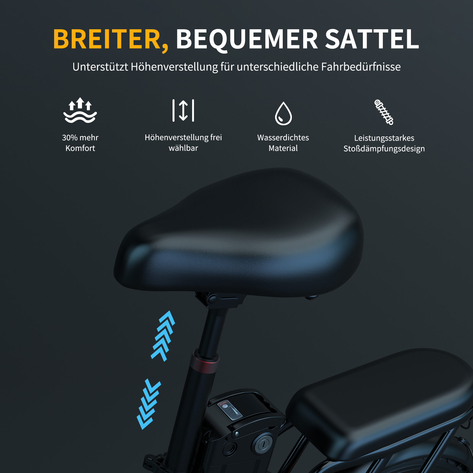 Breiter, bequemer Sattel mit Höhenverstellung und Stoßdämpfung.