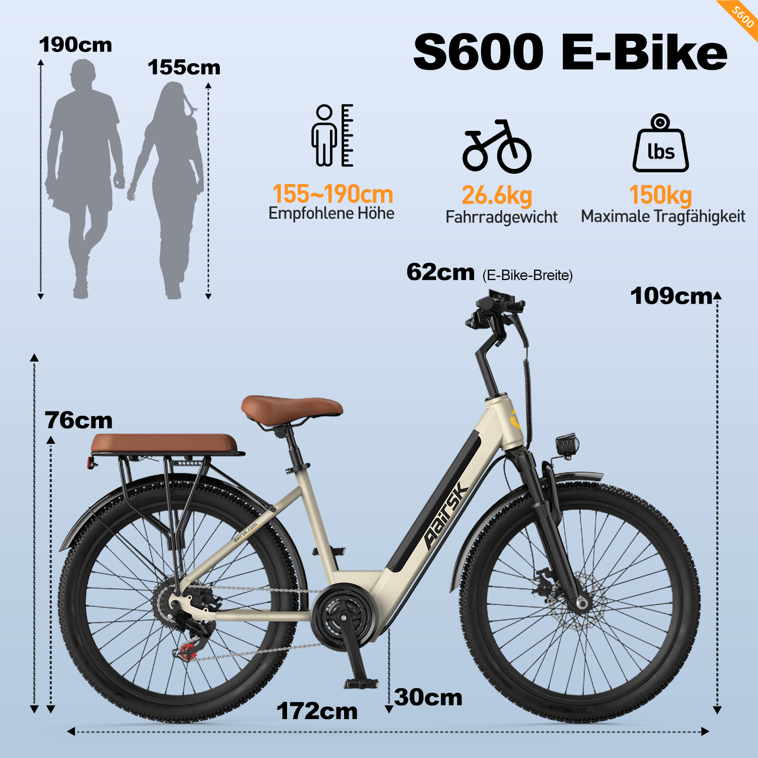 Rower elektryczny S600 o wymiarach: wysokość 109cm, długość 172cm, szerokość 62cm. Max. ładowność 150kg.