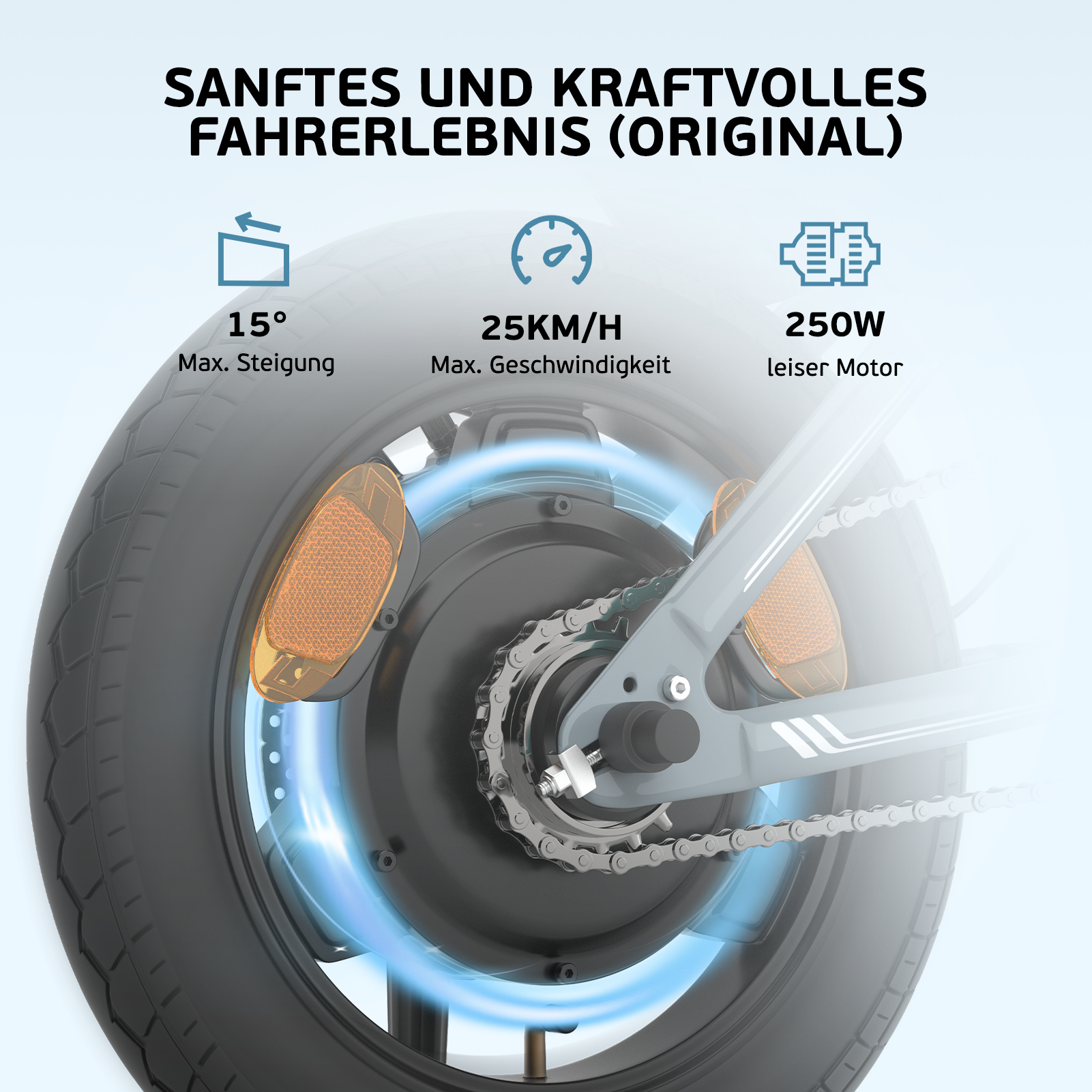 Tylne koło roweru elektrycznego z łańcuchem, odblaskami i danymi silnika: 15° wzniesienia, 25 km/h, 250W.