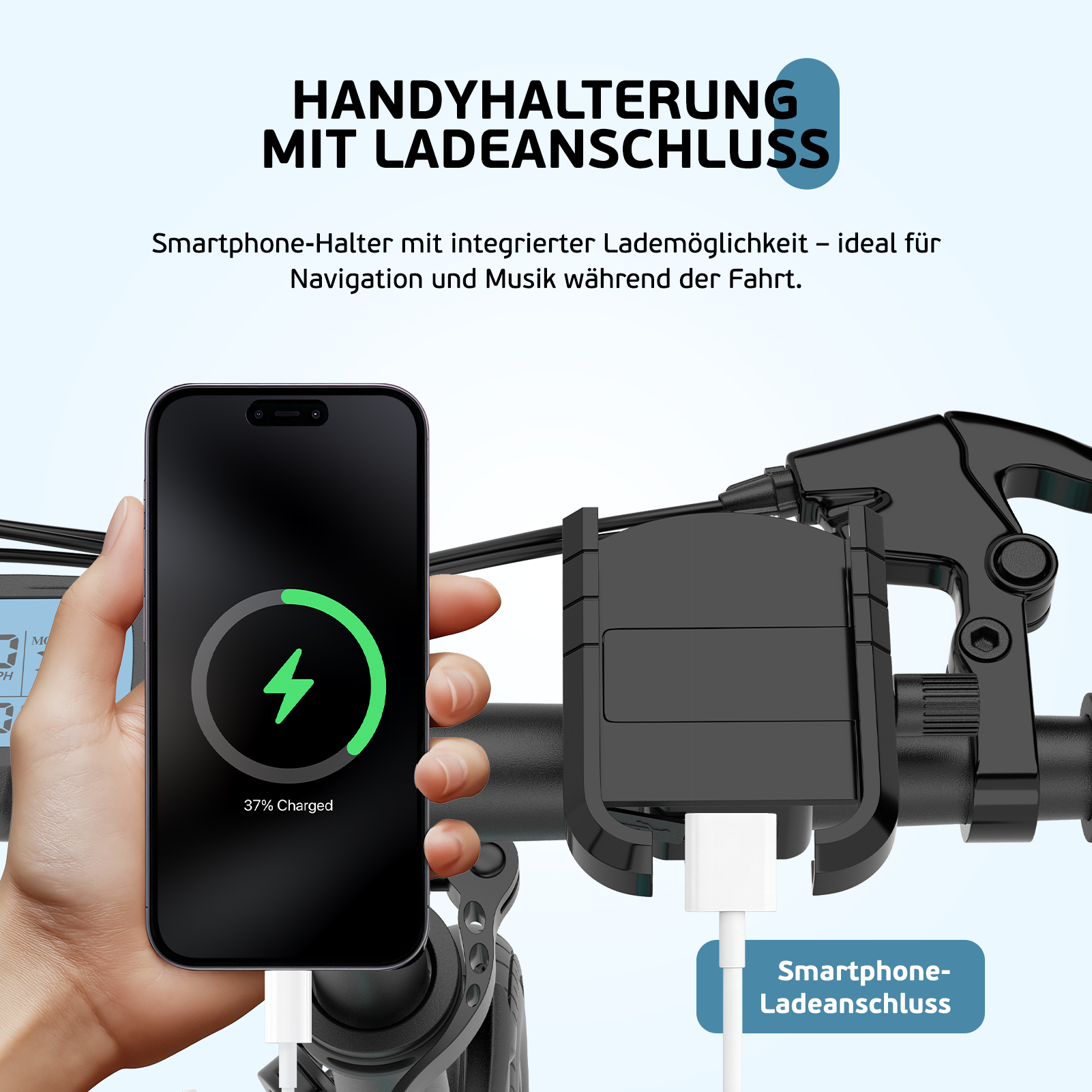 Ręka trzyma smartfon ze wskaźnikiem ładowania obok uchwytu rowerowego.